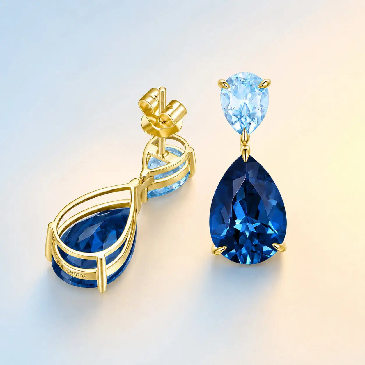 Duet Pear Natural Aquamarine & London Blue Topaz Drop Earrings in 14k yellow gold