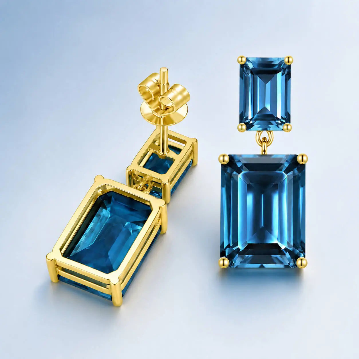 Duet Emerald-Cut Natural 10ctw London Blue Topaz Drop Earrings in 14k yellow gold
