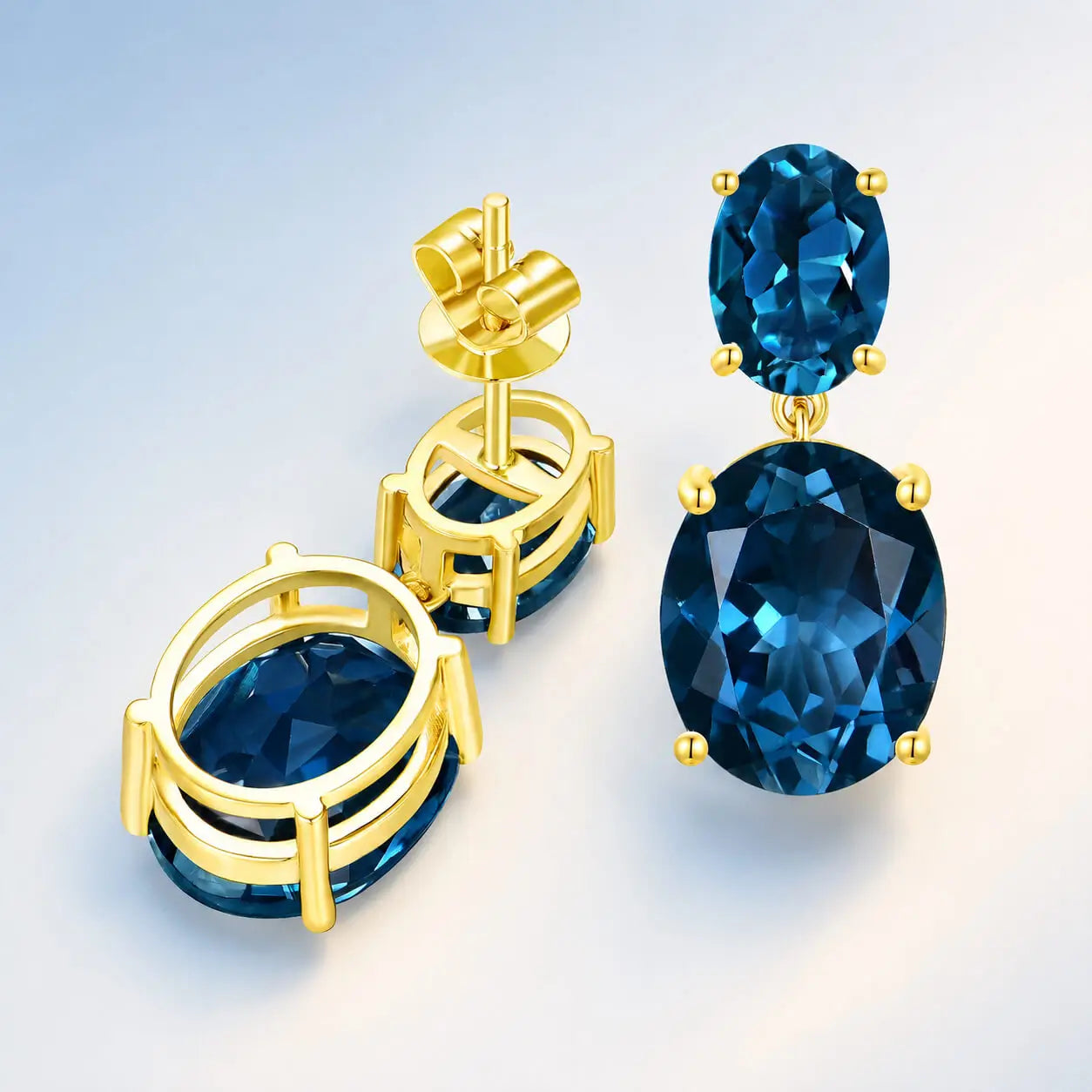 Duet Oval Natural 8.6ctw London Blue Topaz Drop Earrings in 14k yellow gold