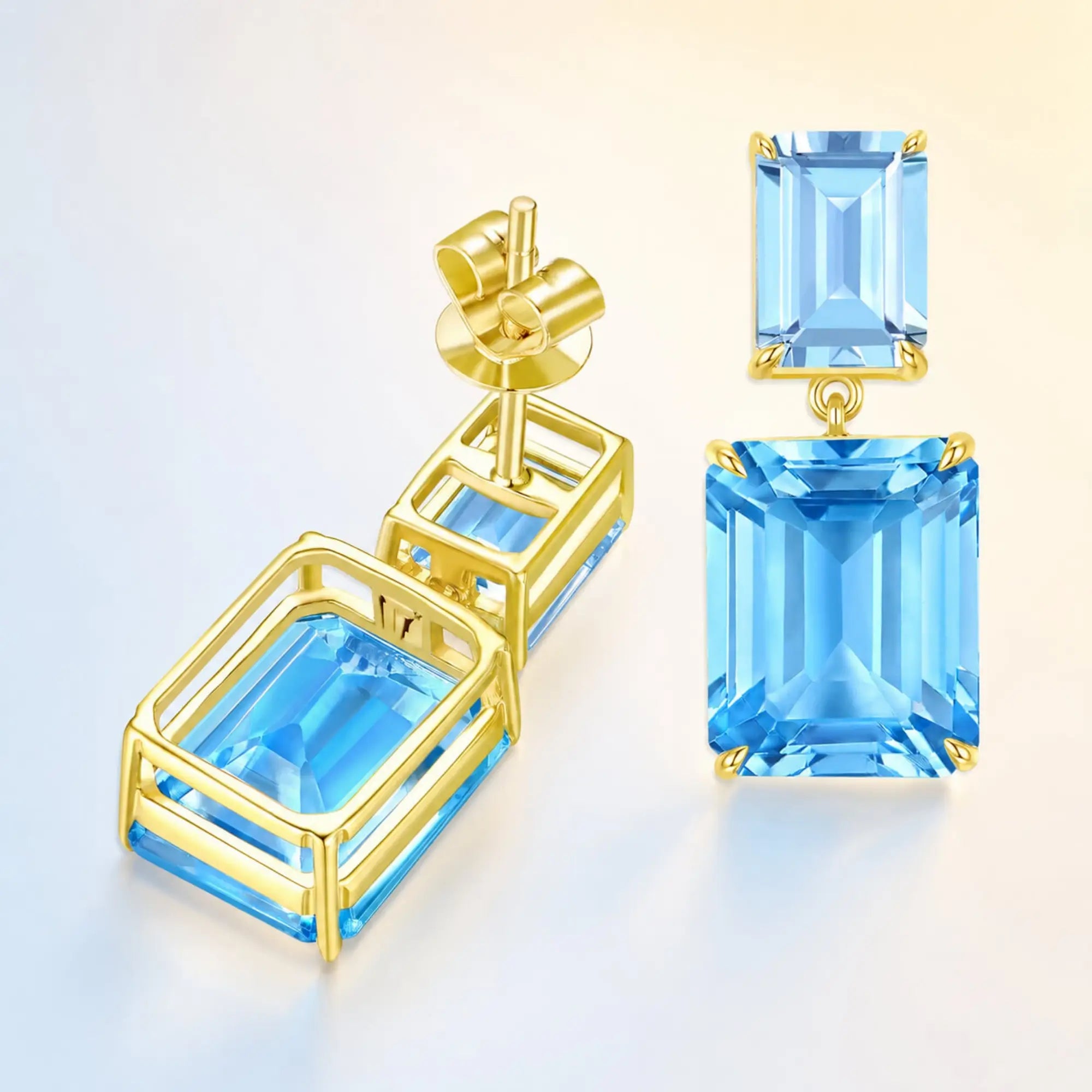Duet Natutal Emerald-Cut Sky Blue Aquamarine & Blue Topaz Drop Earrings in 14k yellow gold