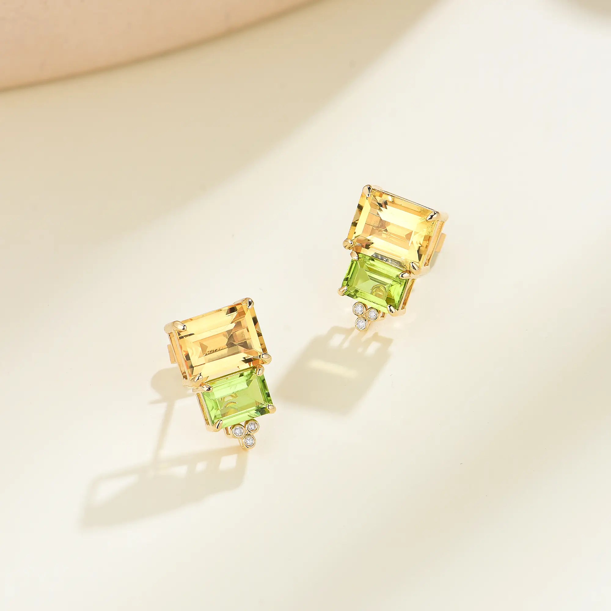 Natural Emerlad Cut Citrine Peridot Diamond Earrings in 14K yellow gold