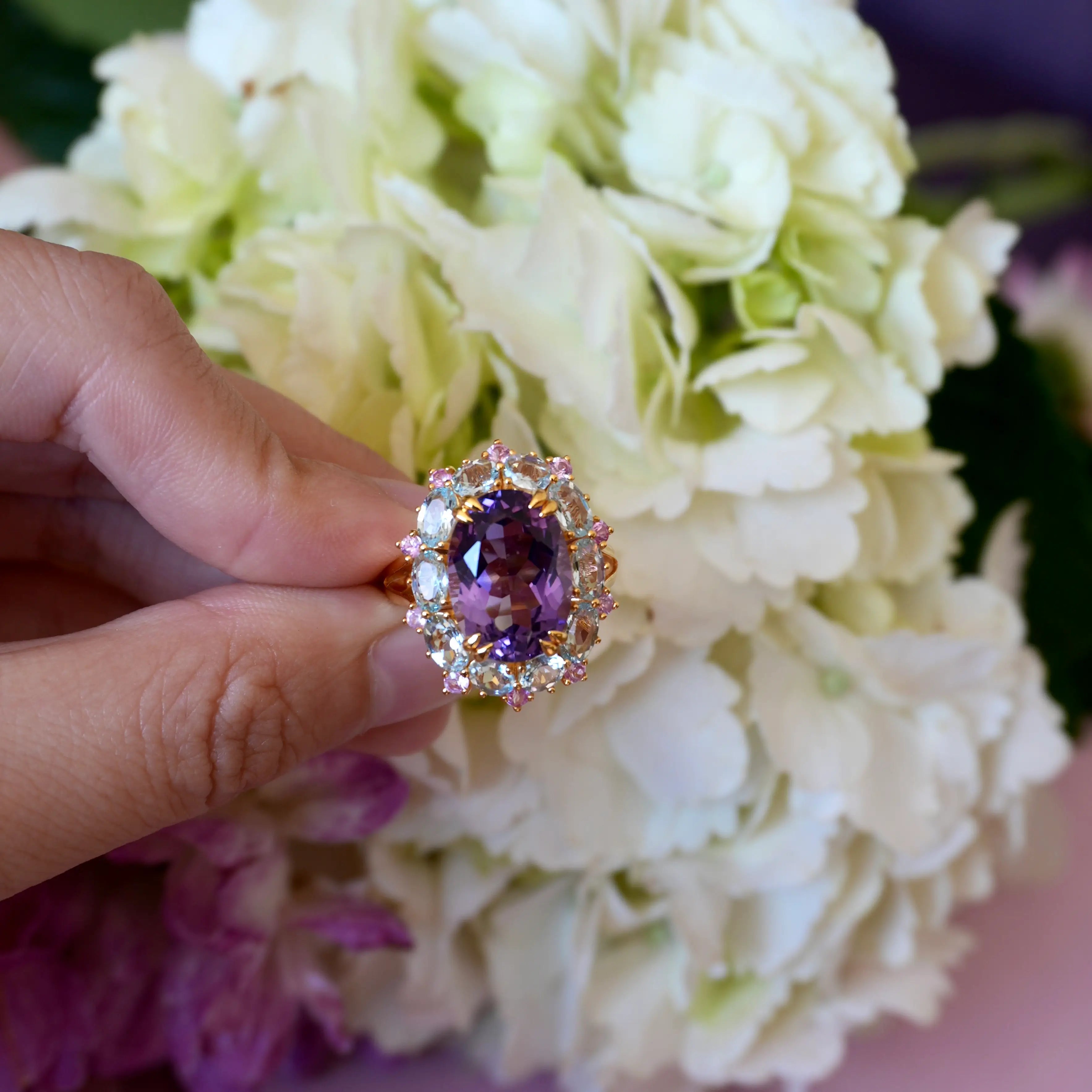 Mira Amethyst Aquamarine Pink Sapphire Cocktail Ring