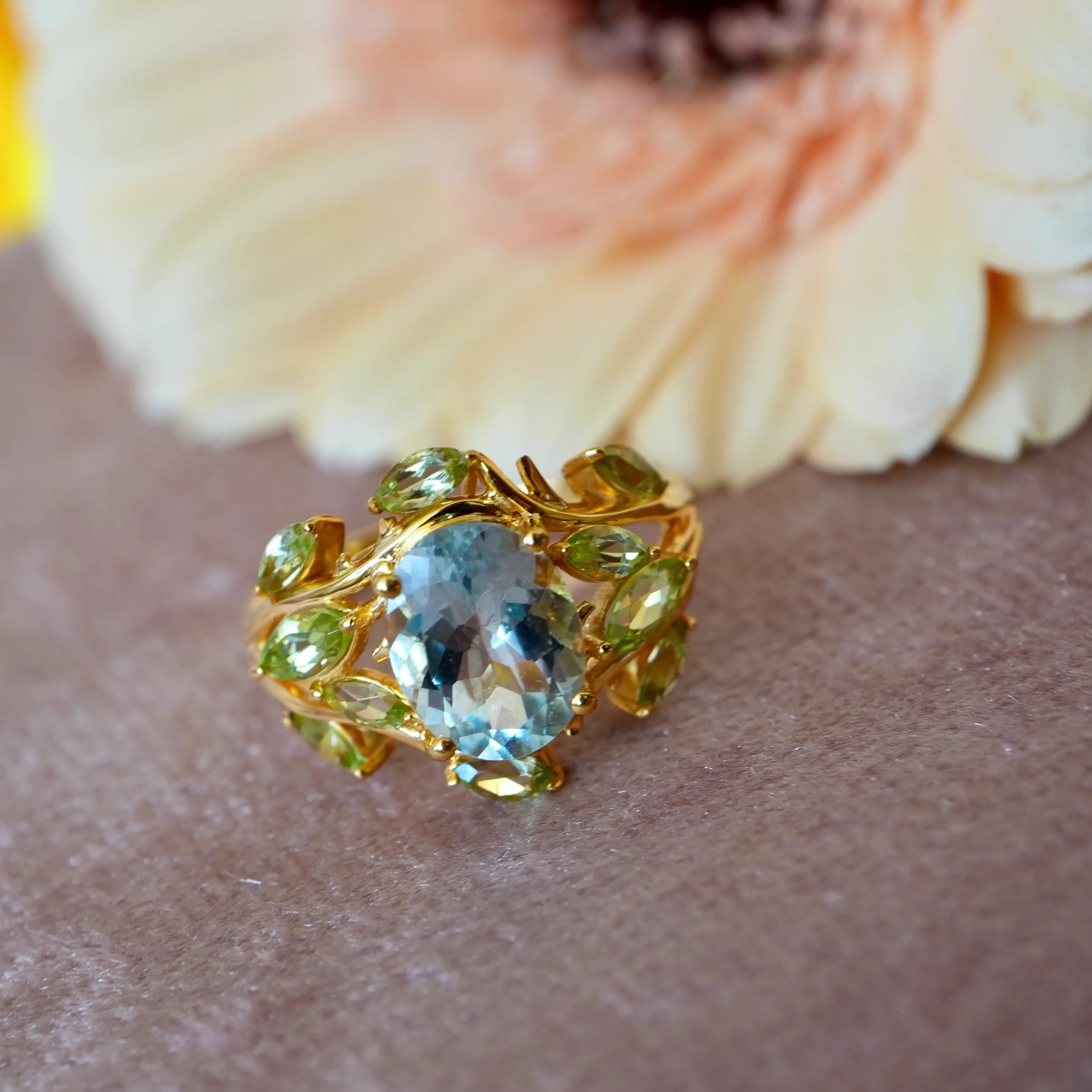 Aquamarine Peridot Olive Leaves Cocktail Ring