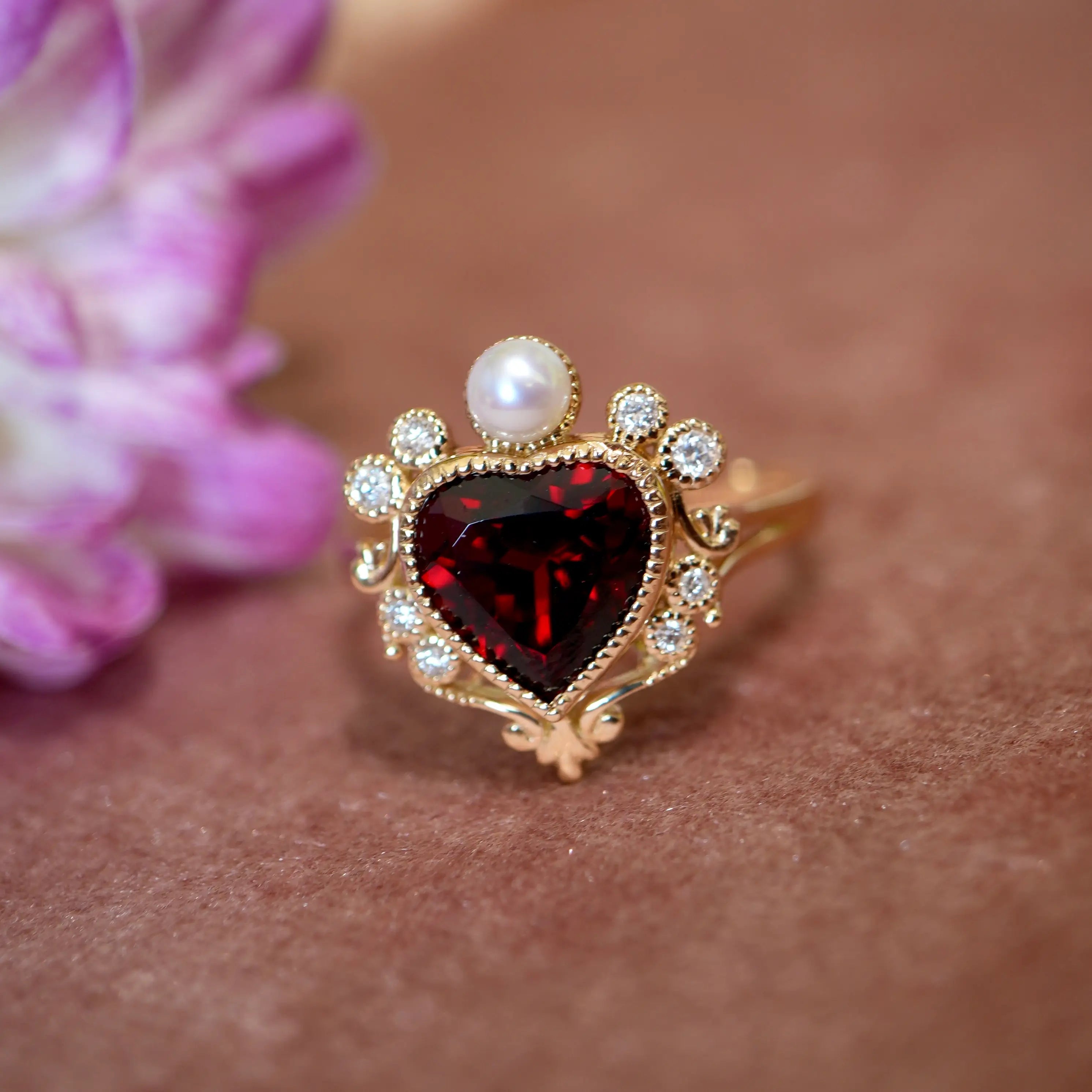 "On My Heart" Garnet Diamond Pearl Cocktail Ring