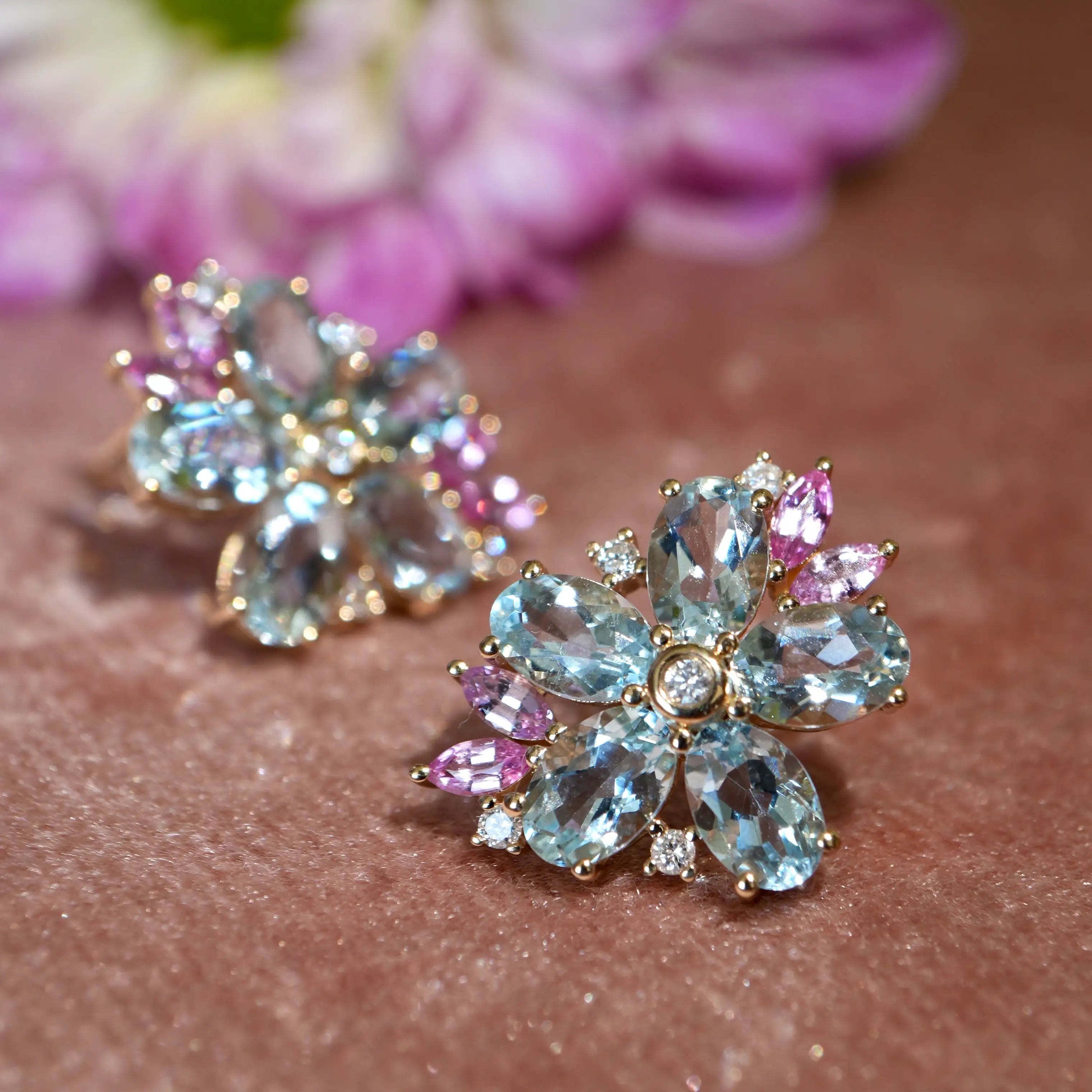 Nina Zhou x Kai 14k gold natural Aquamarine Pink Sapphire Diamond Blossom Earrings