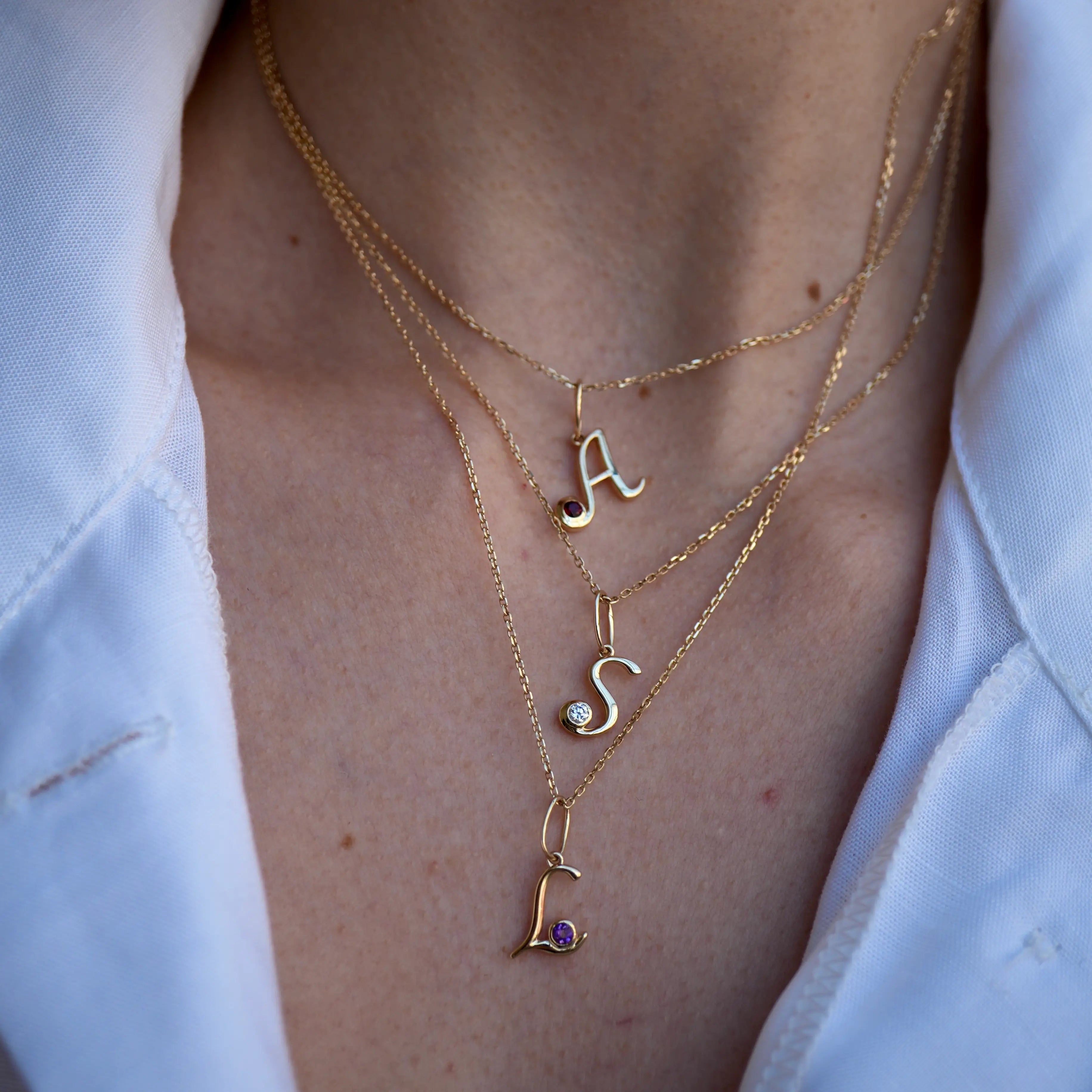 Cursive Initial Birthstone Necklace 14k yellow gold solid gold
