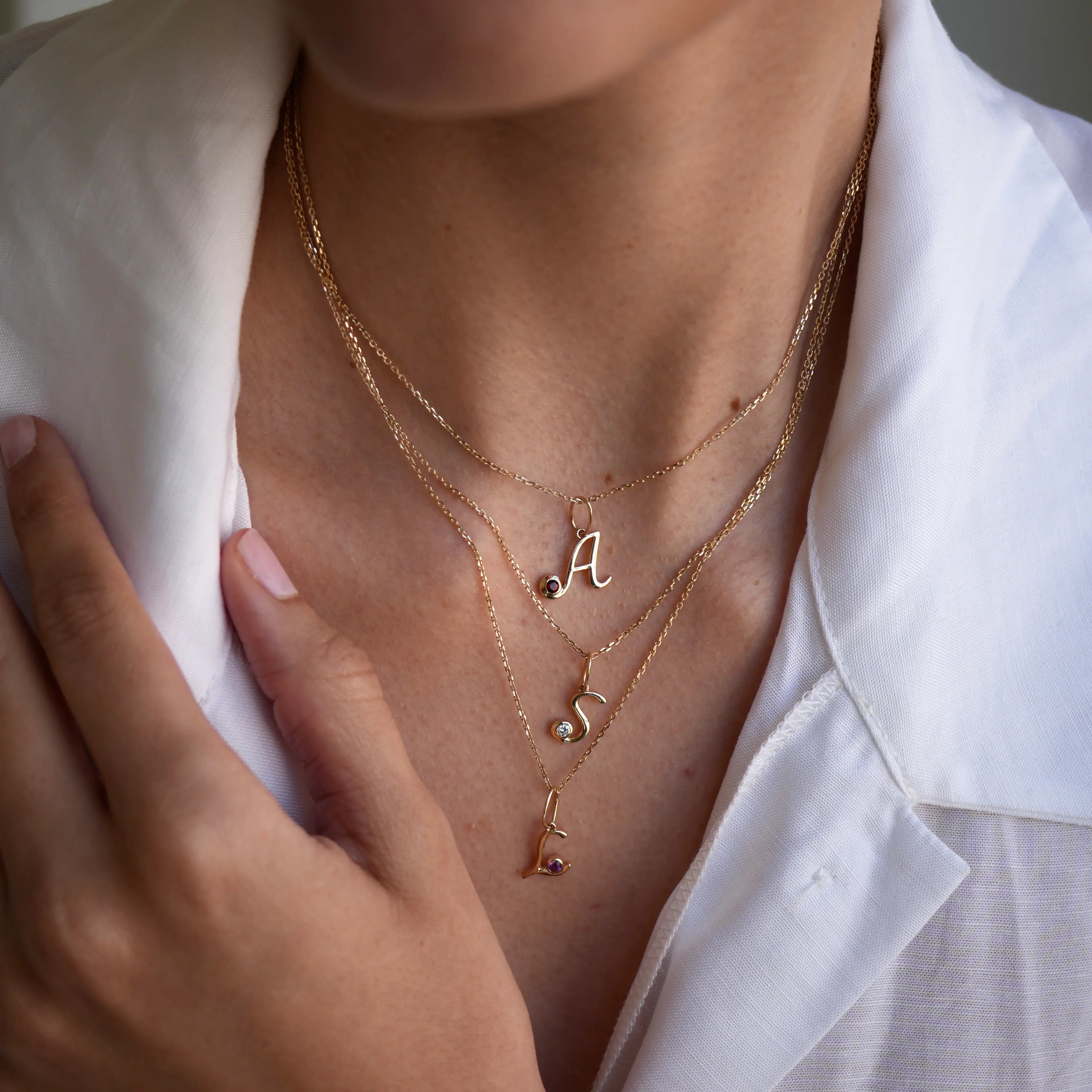 Cursive Initial Birthstone Necklace 14k yellow gold solid gold