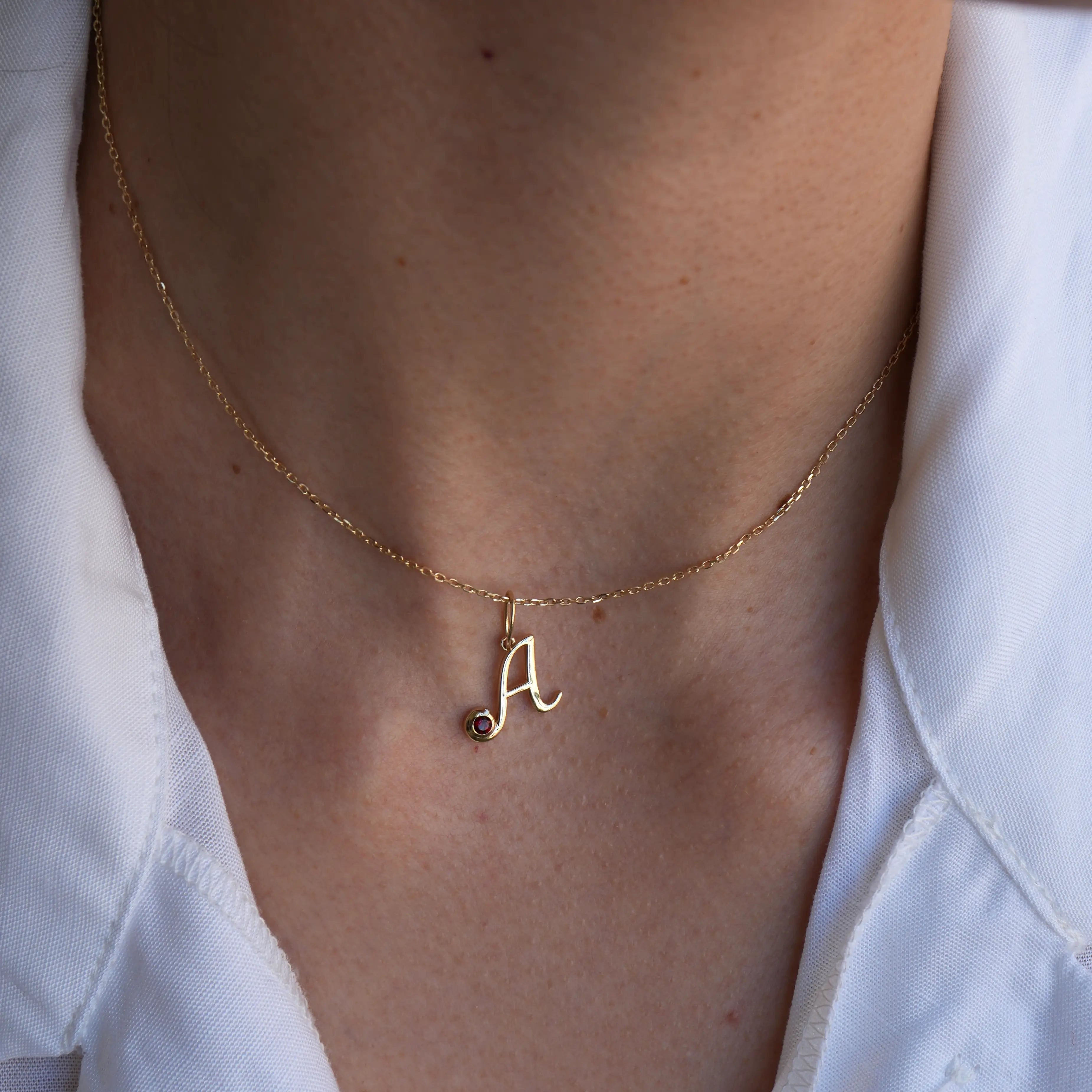Cursive Initial A Birthstone Necklace 14k yellow gold solid gold