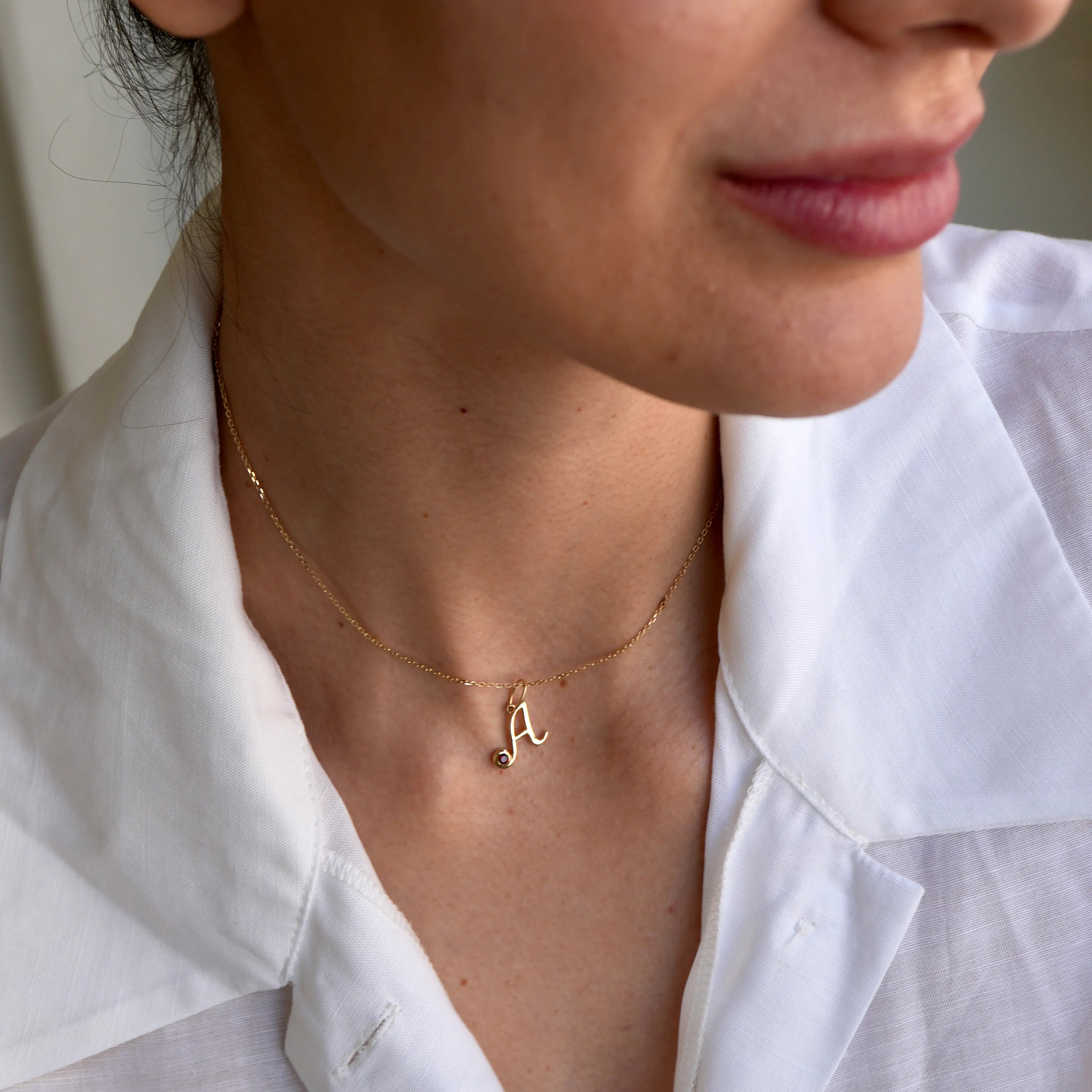 Cursive Initial A Birthstone Necklace 14k yellow gold solid gold
