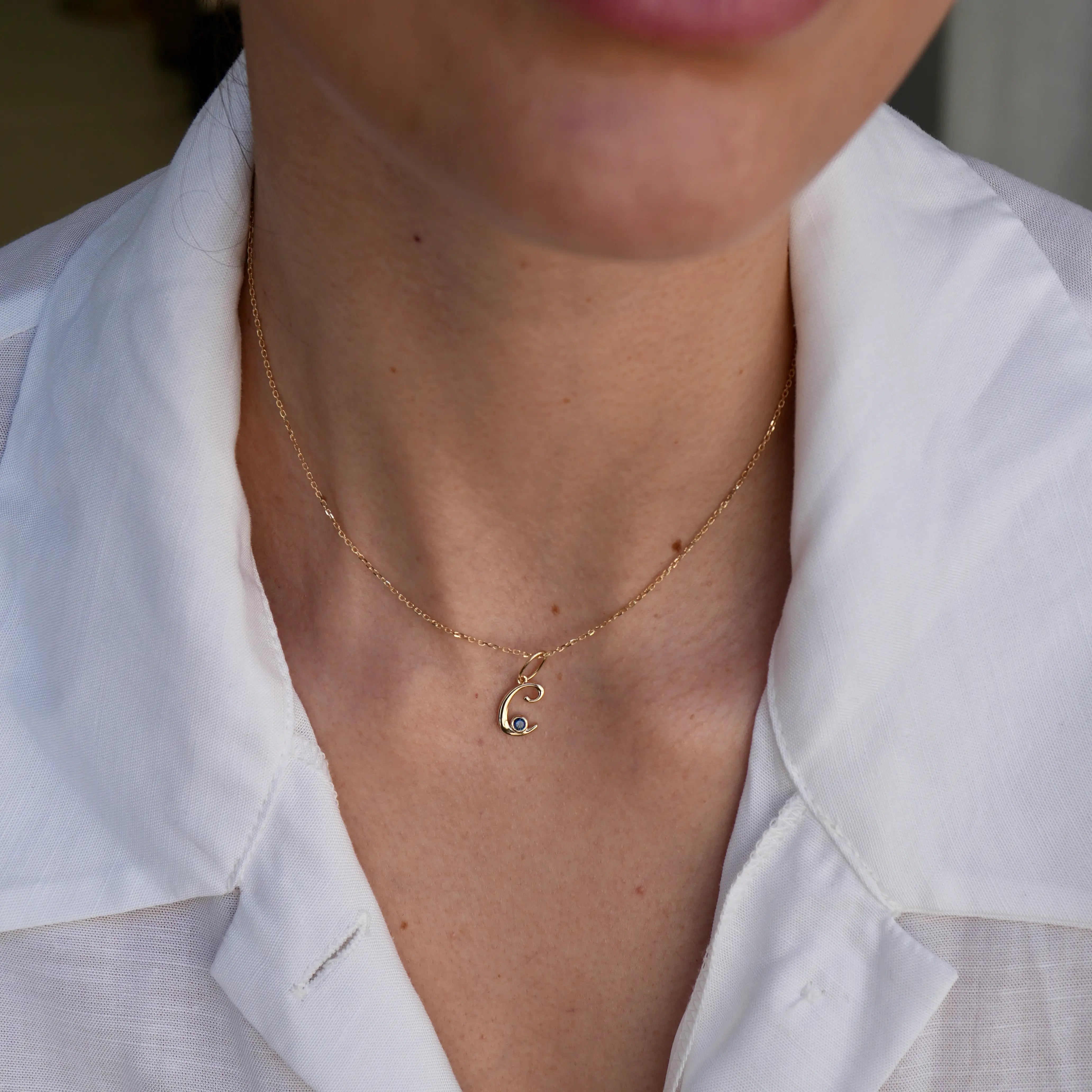 Cursive Initial C Birthstone Necklace 14k yellow gold solid gold