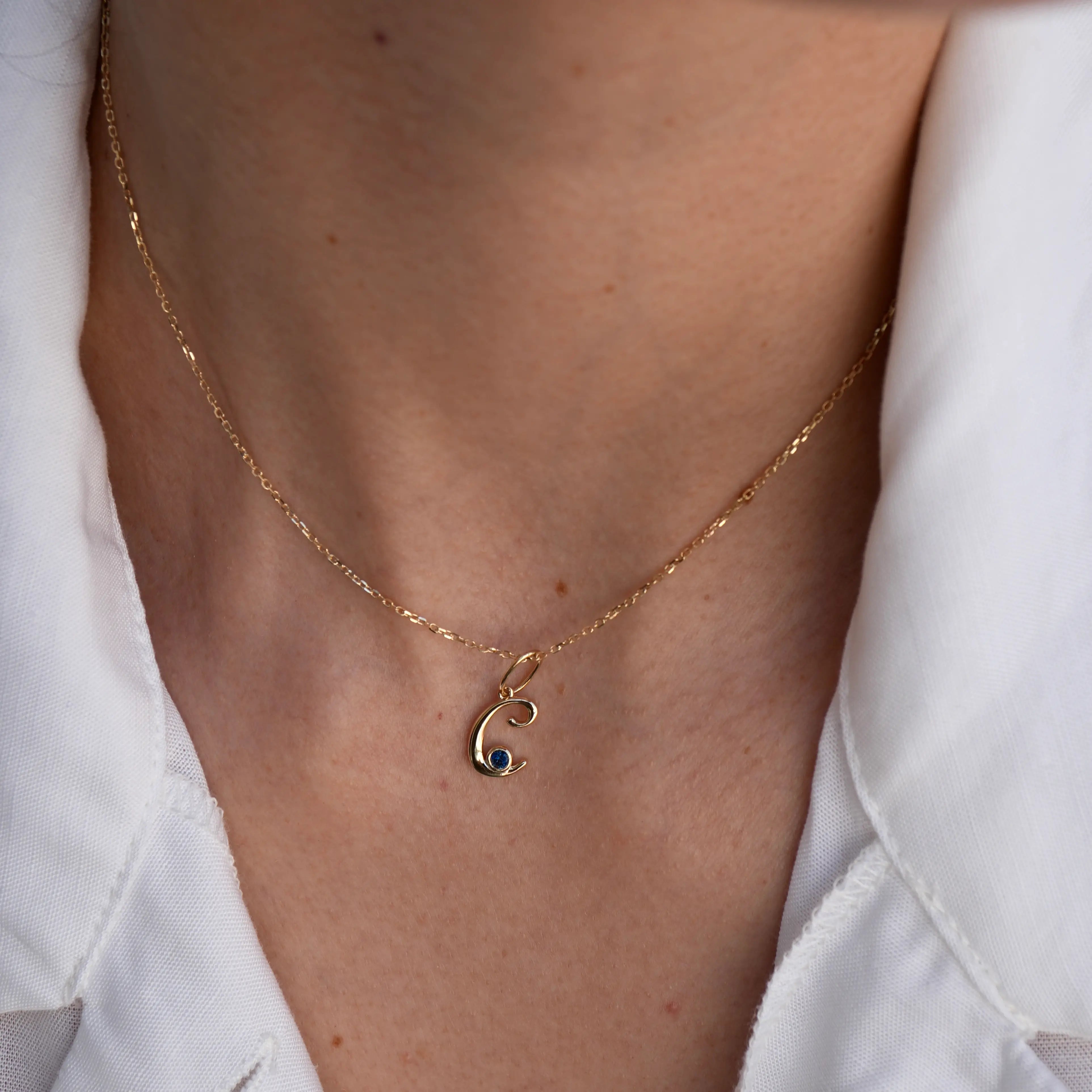 Cursive Initial C Birthstone Necklace 14k yellow gold solid gold