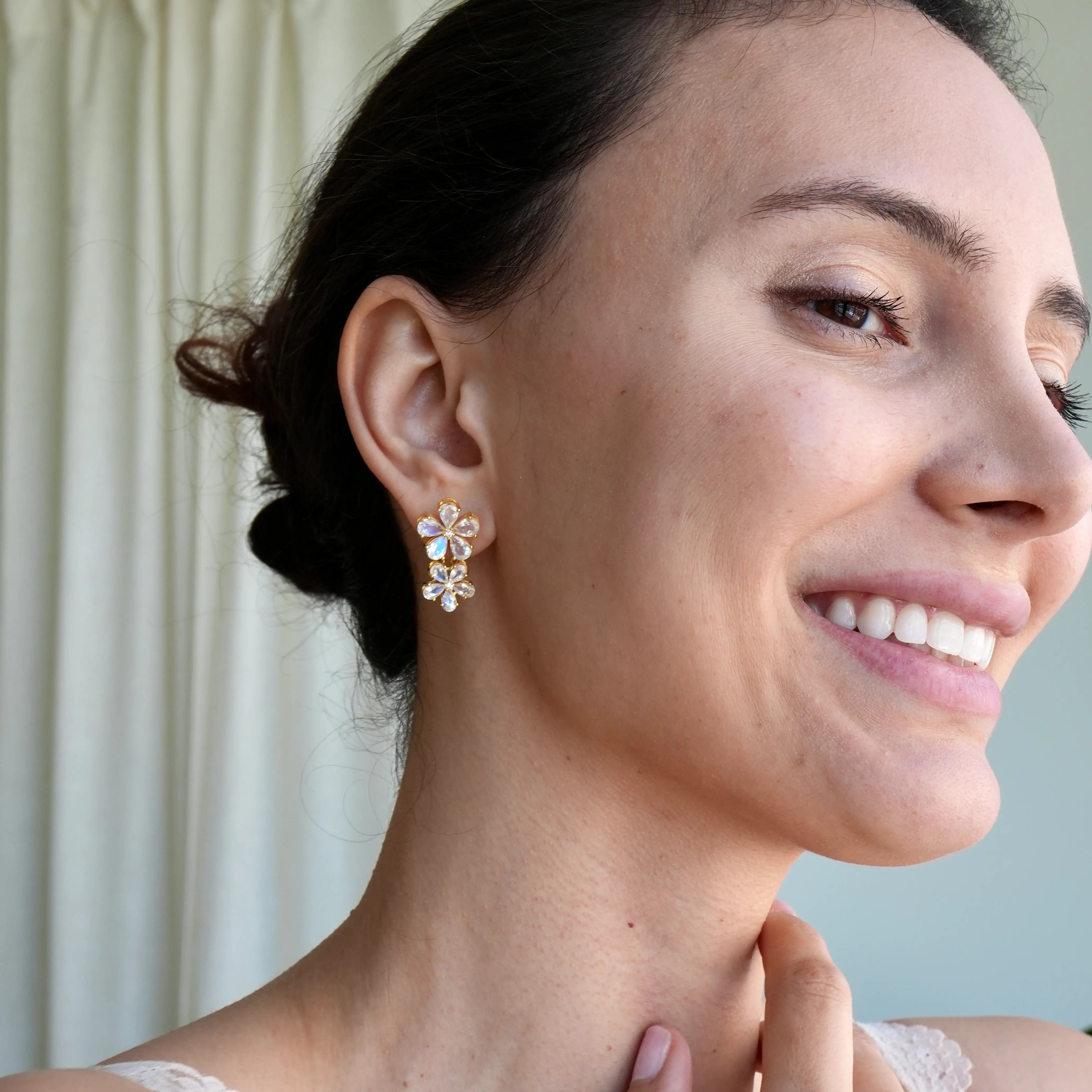 Nina Zhou x Kai 14k Gold Nautral Moonstone & Diamond Double Blossom Drop Earrings