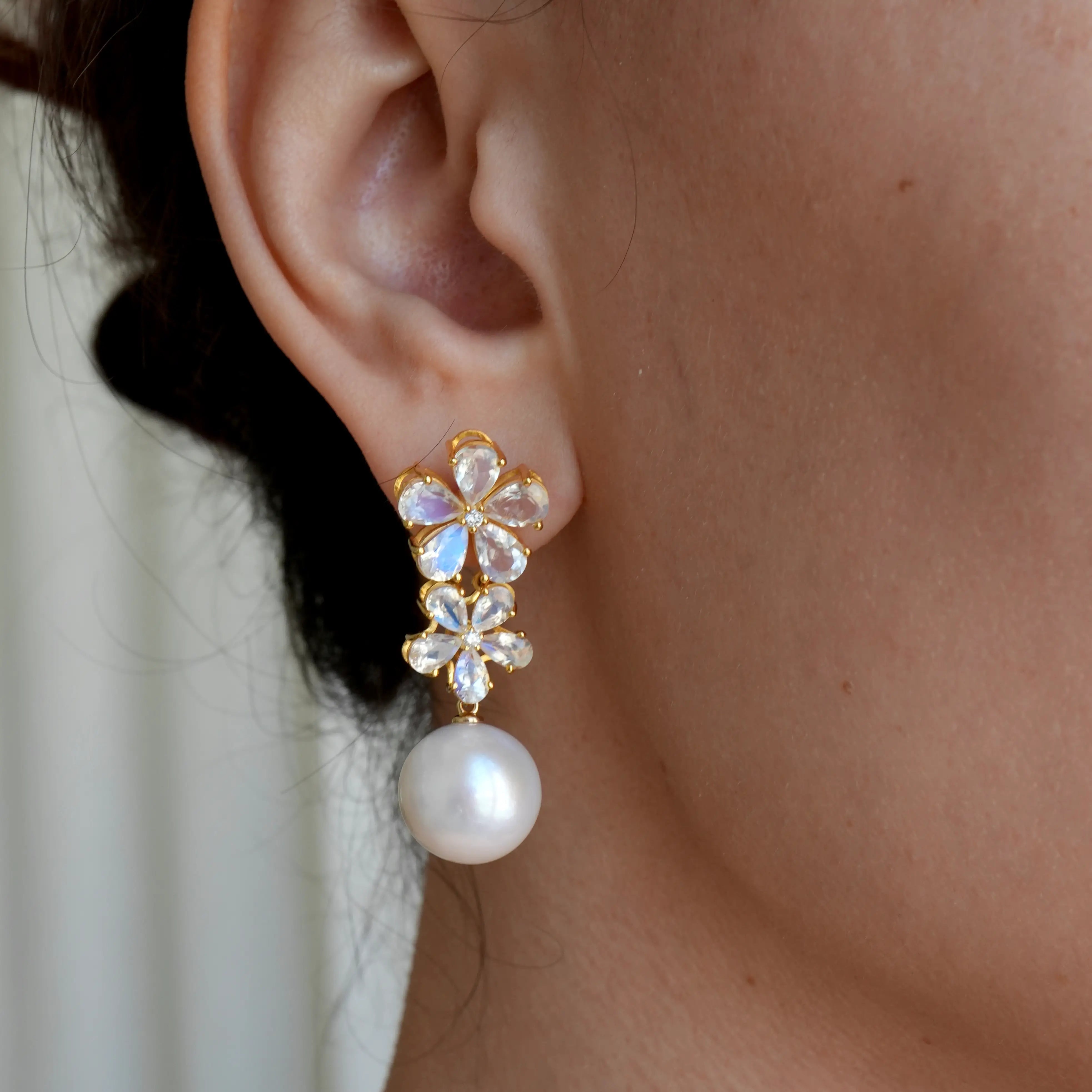 Nina Zhou x Kai 14k Gold Nautral Moonstone & Diamond Double Blossom Freshwater Pearl Convertible Drop Earrings