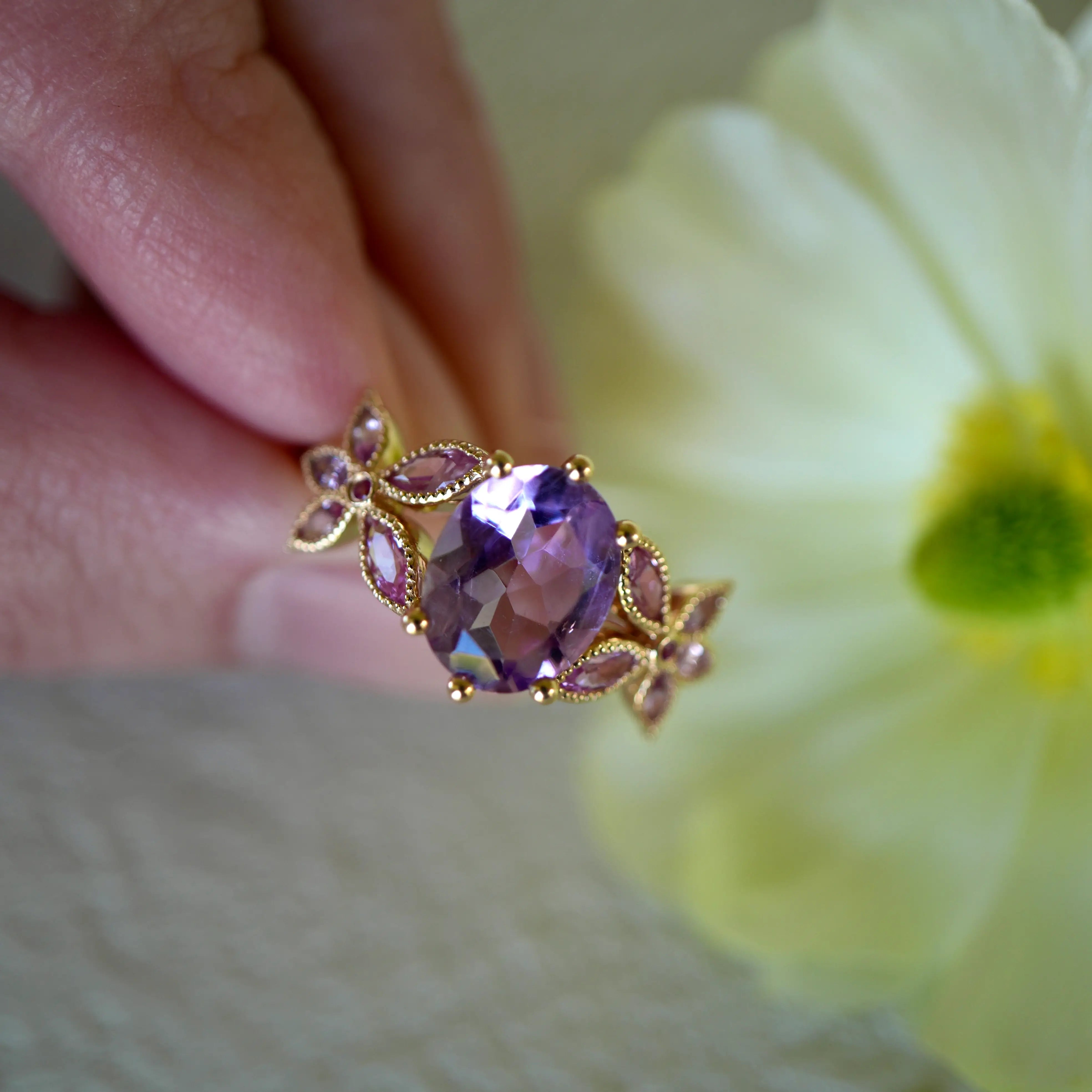 Rose De France natural Amethyst Pink Sapphire Ring in 14k yellow gold