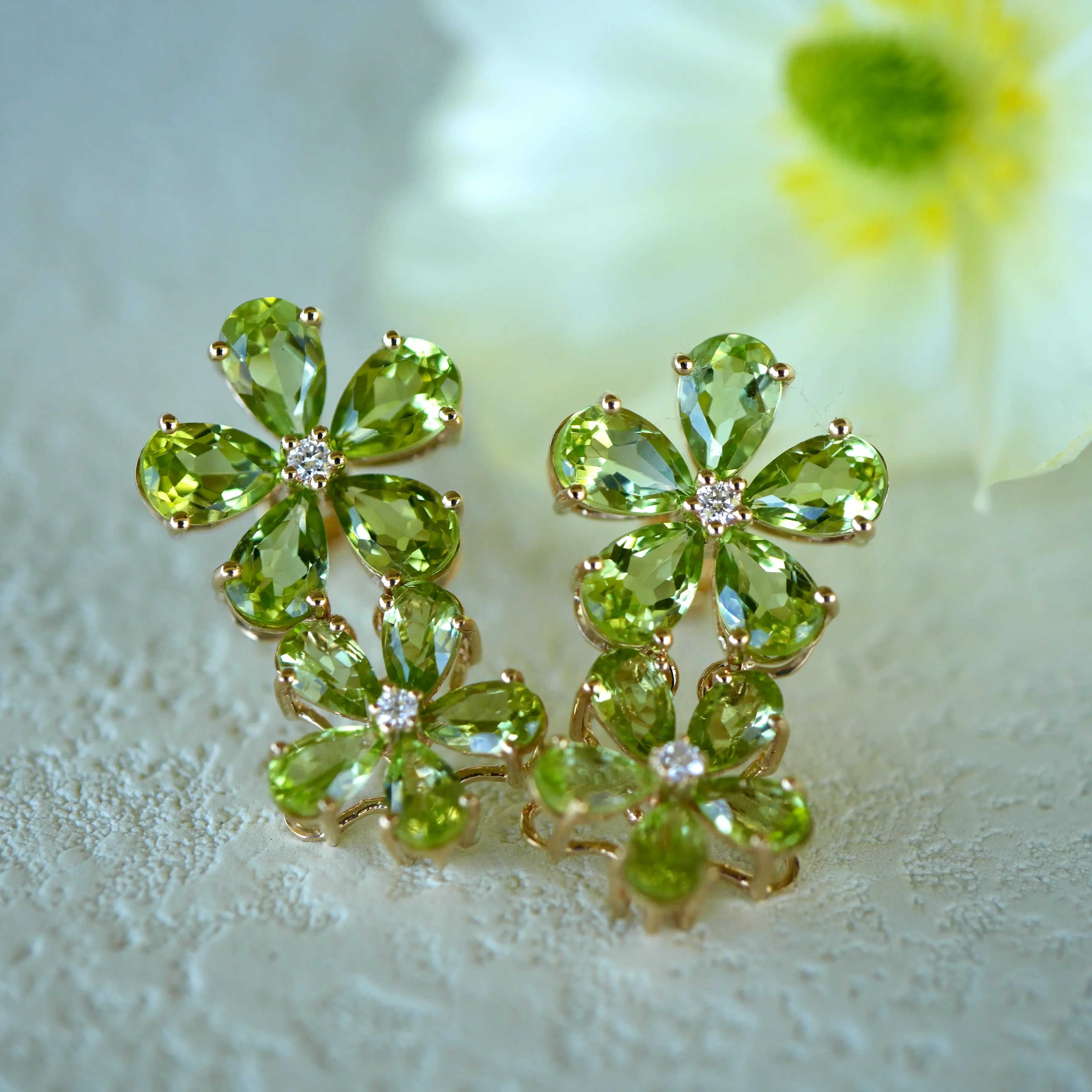 Nina Zhou x Kai Natural Peridot Diamond Double Blossom Drop Earrings in 14k gold