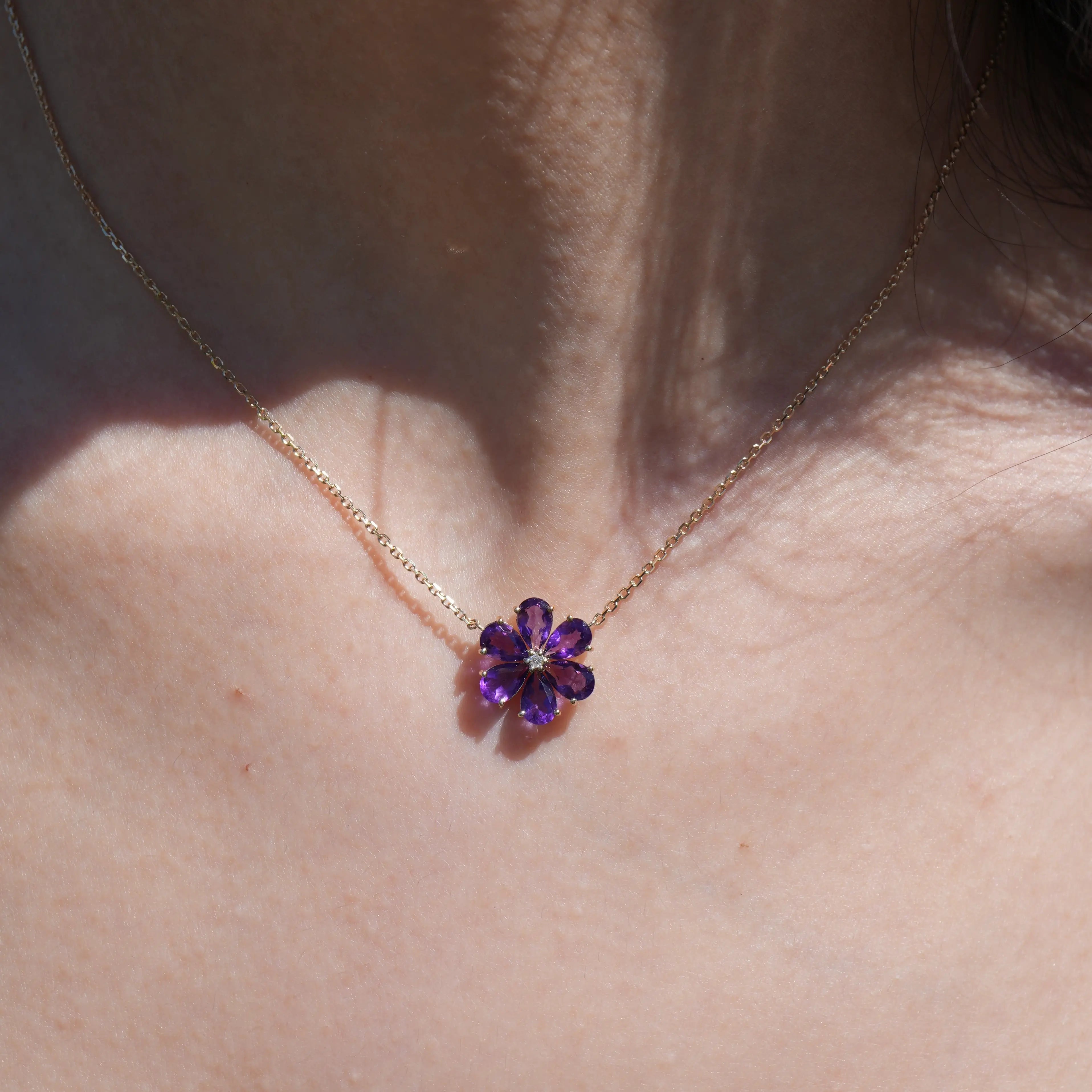 Flora Blossom Amethyst Diamond Necklace 14k yellow gold
