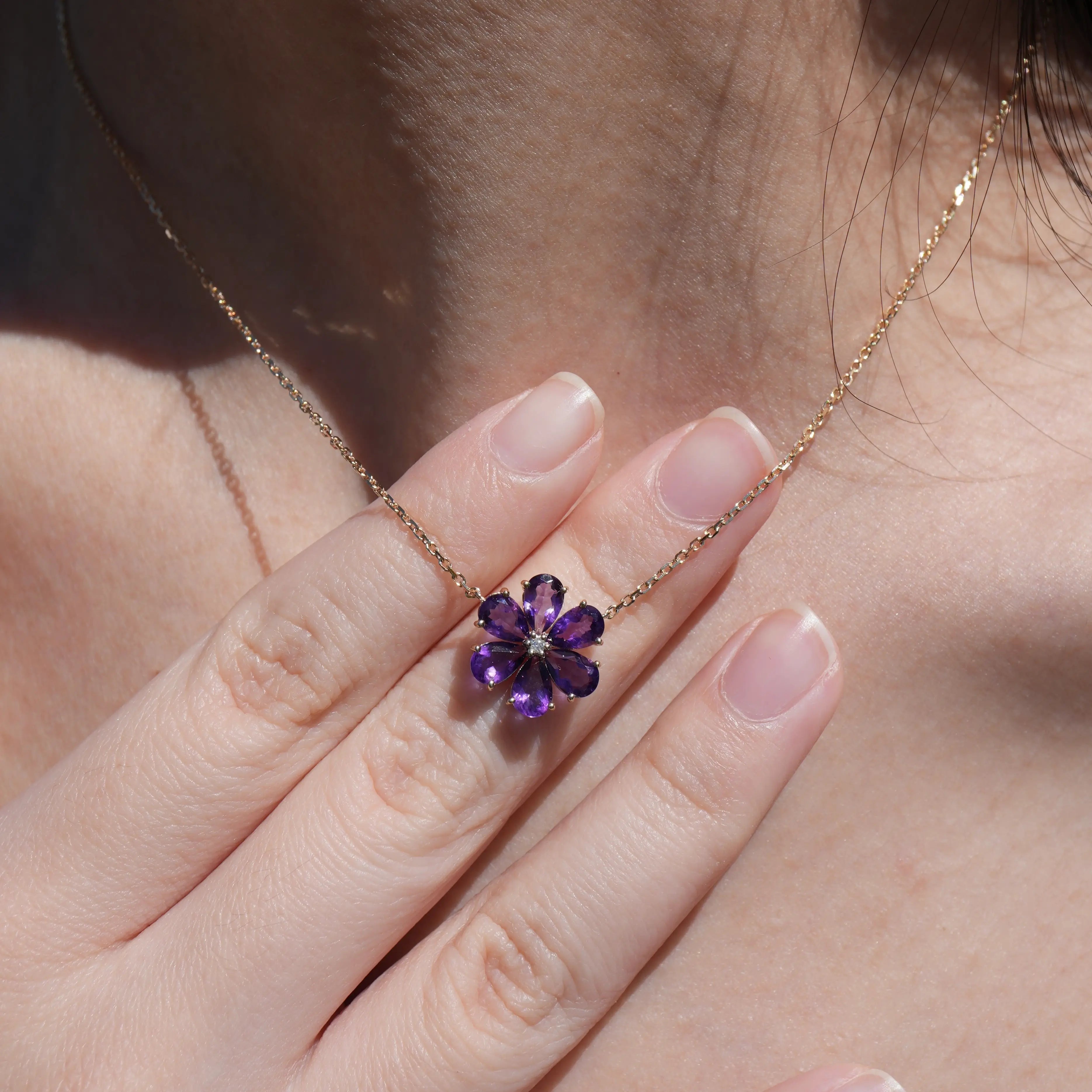 Flora Blossom Amethyst Diamond Necklace 14k yellow gold