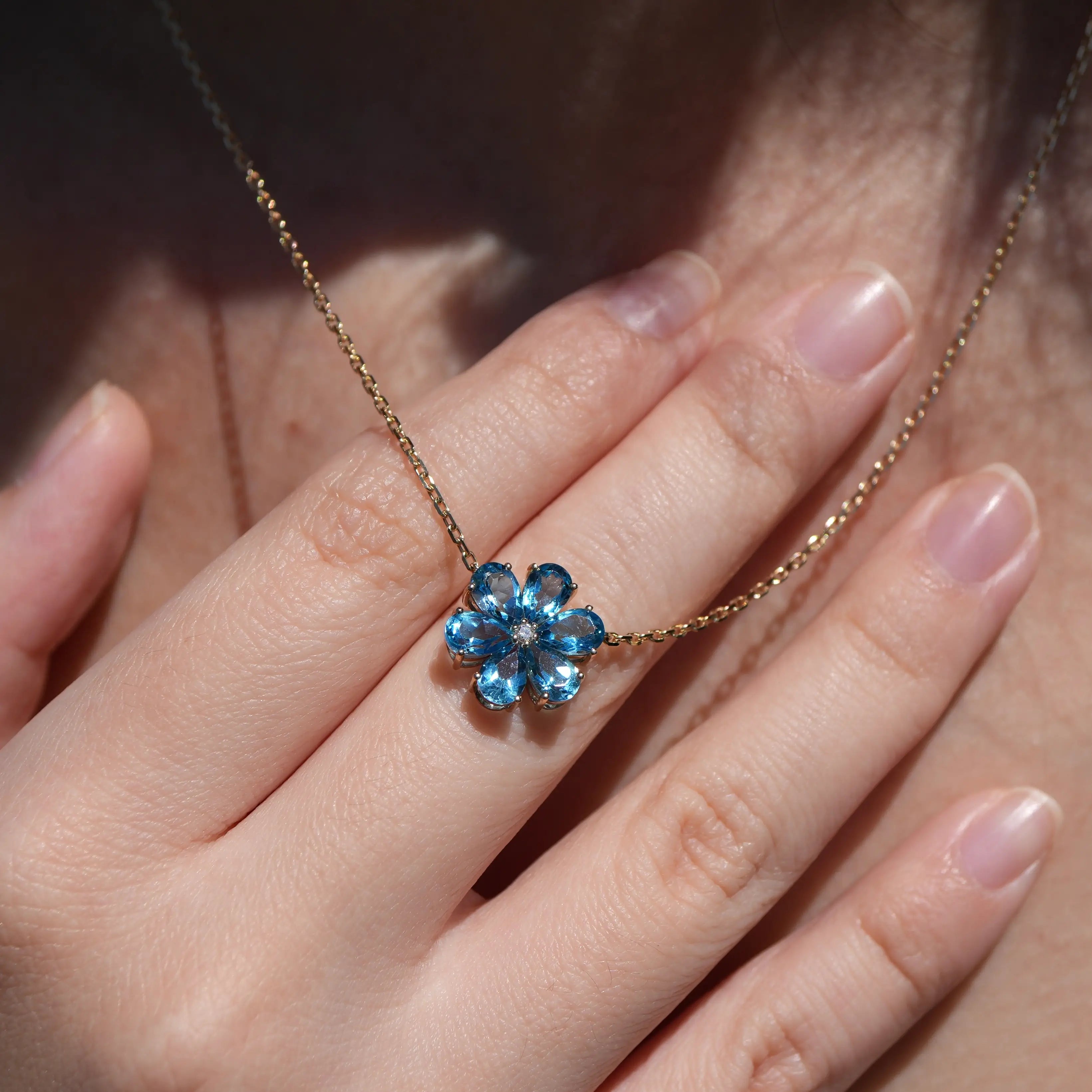 Flora Blossom Natural Blue Topaz Diamond Necklace 14k Yellow Gold