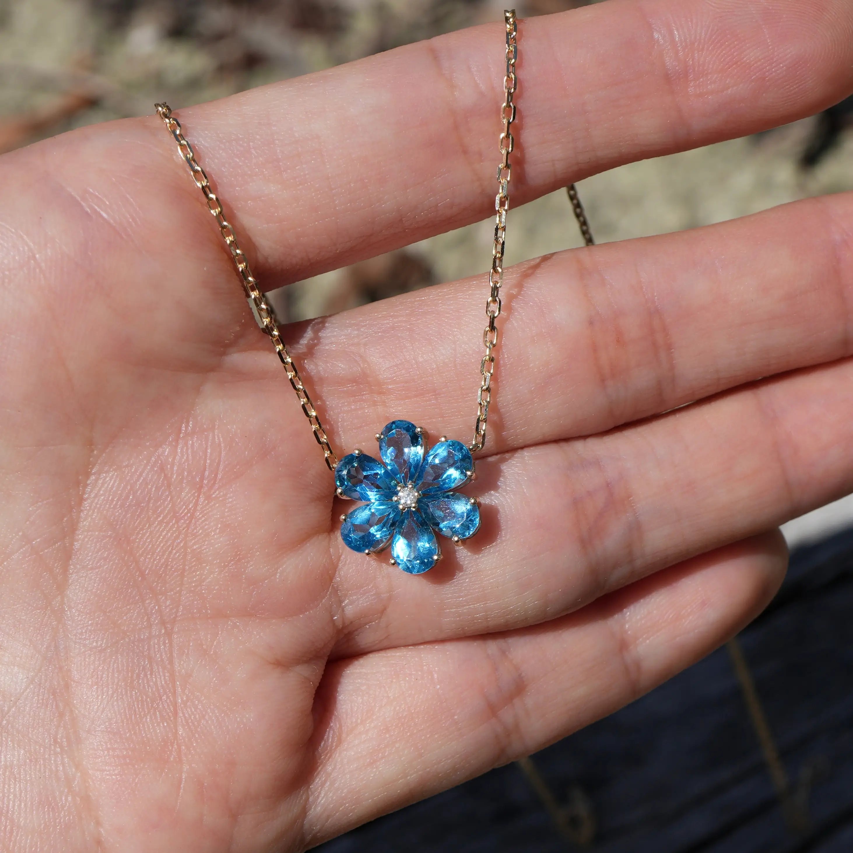 Flora Blossom Natural Blue Topaz Diamond Necklace 14k Yellow Gold