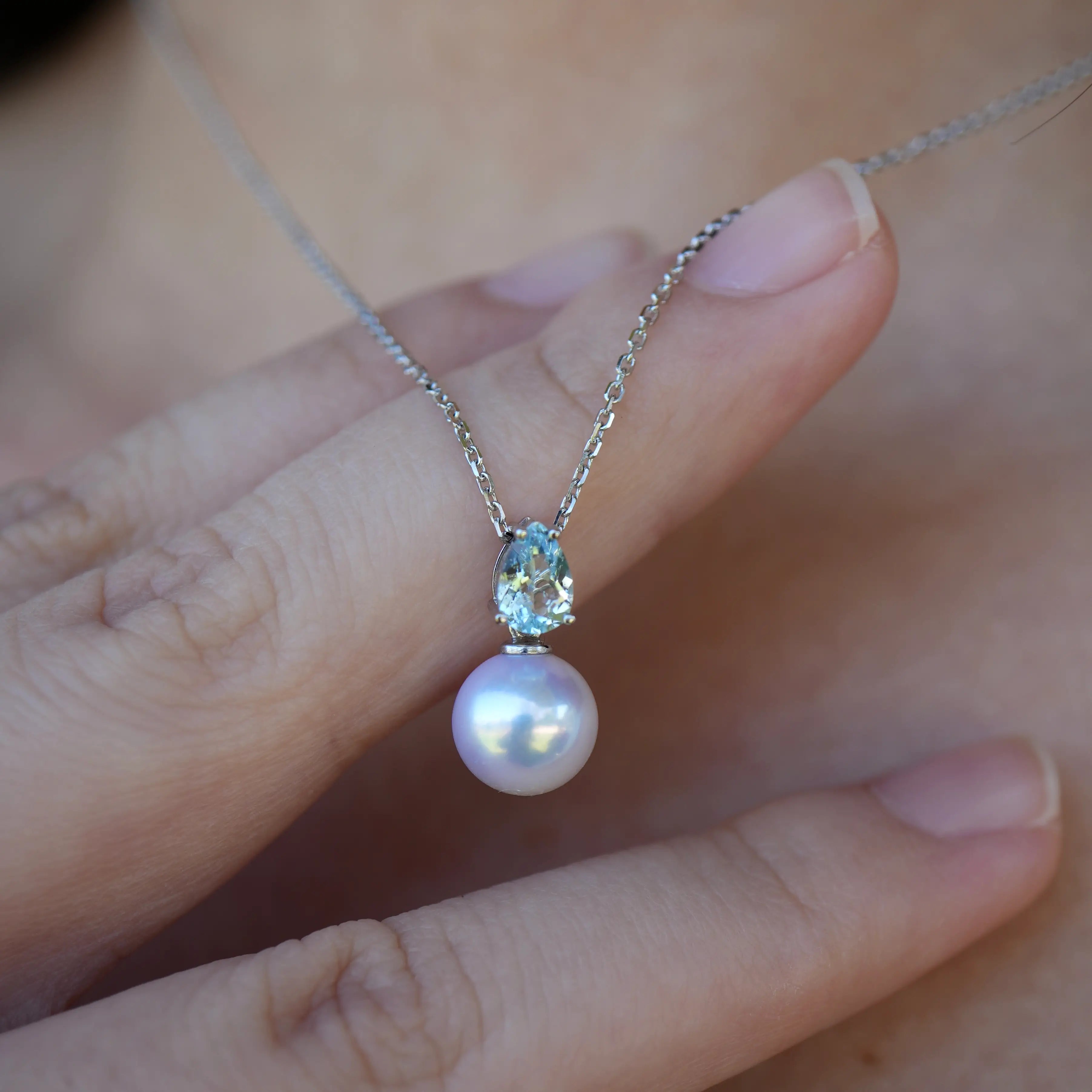 Teardrop Aquamarine Pearl Convertible Drop Necklace 14k white gold