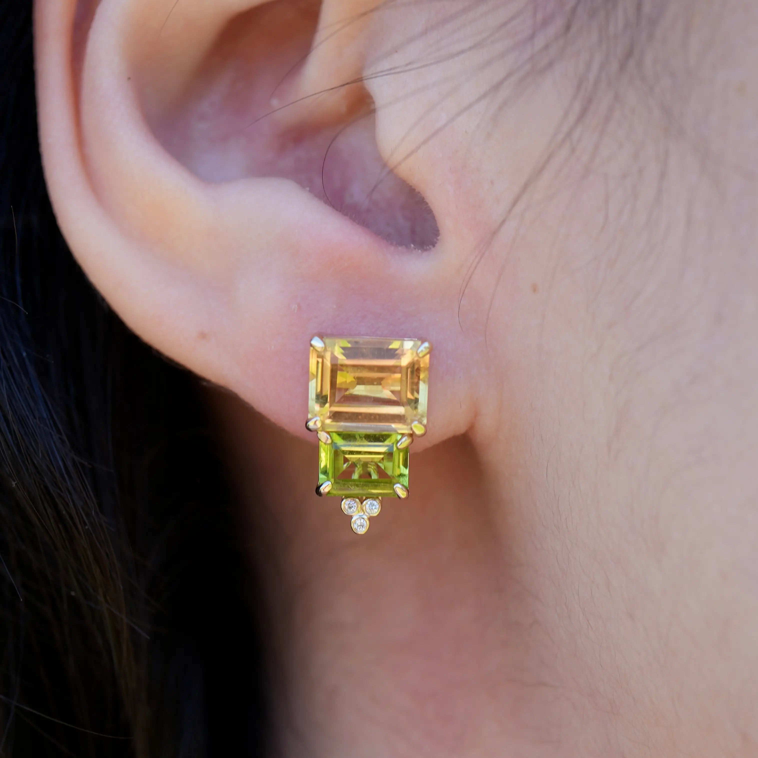 Natural Citrine Peridot Diamond Two Stones Earrings 14k yellow gold