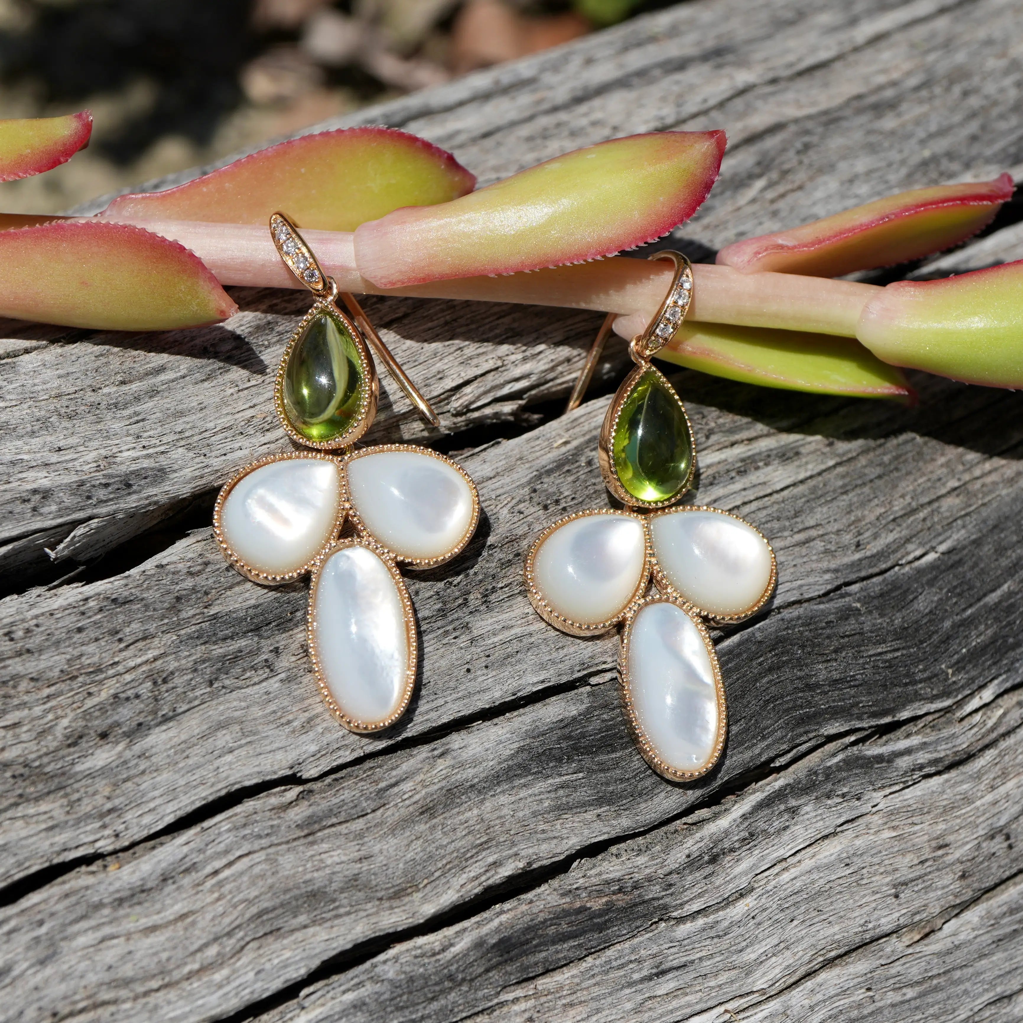 SnowDrop Flower Natural Peridot & Mother of Pearl Diamond Convertible Drop Earrings 14k yellow gold