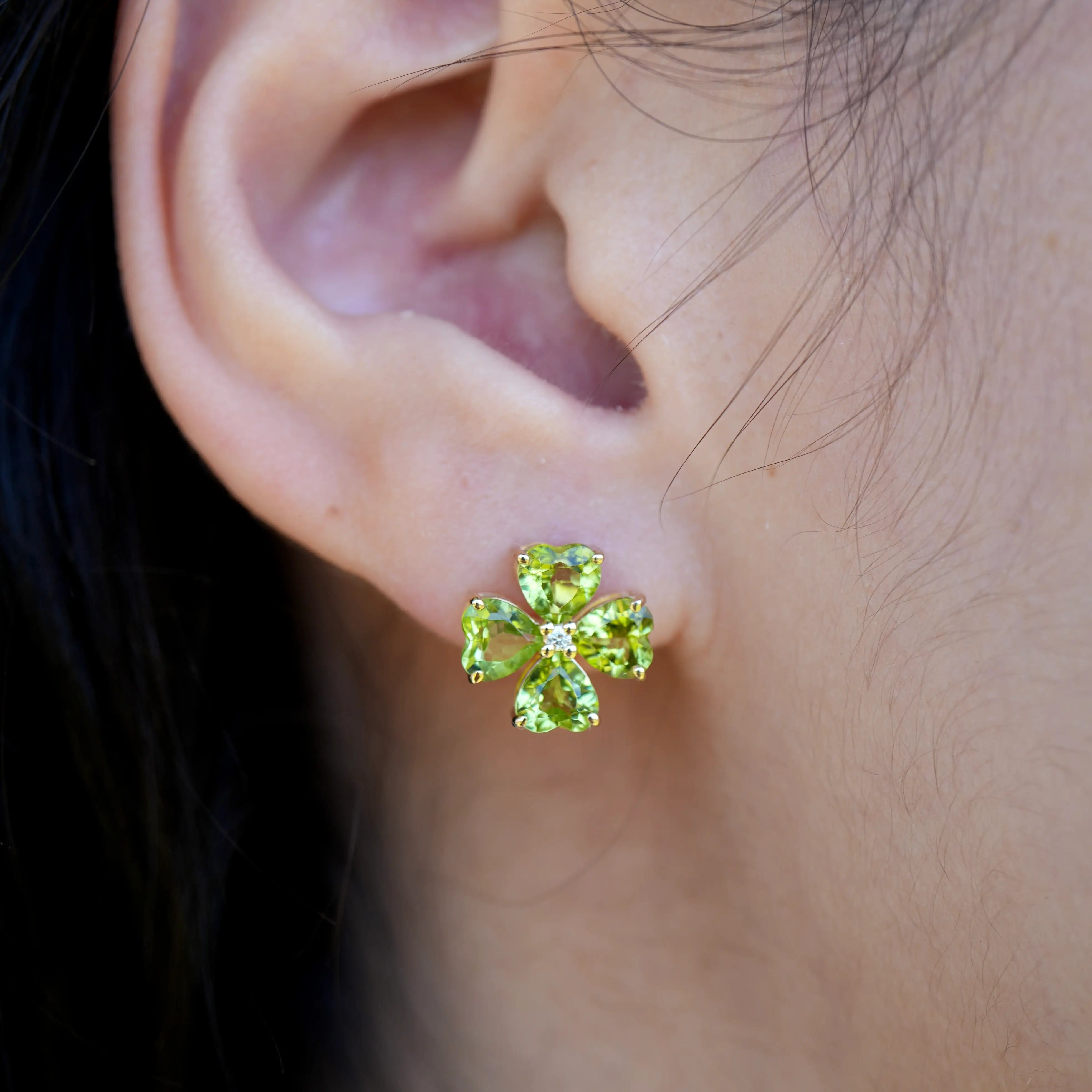 Natural Heart Peridot Diamond Clover Pearl Earrings 14K Yellow Gold