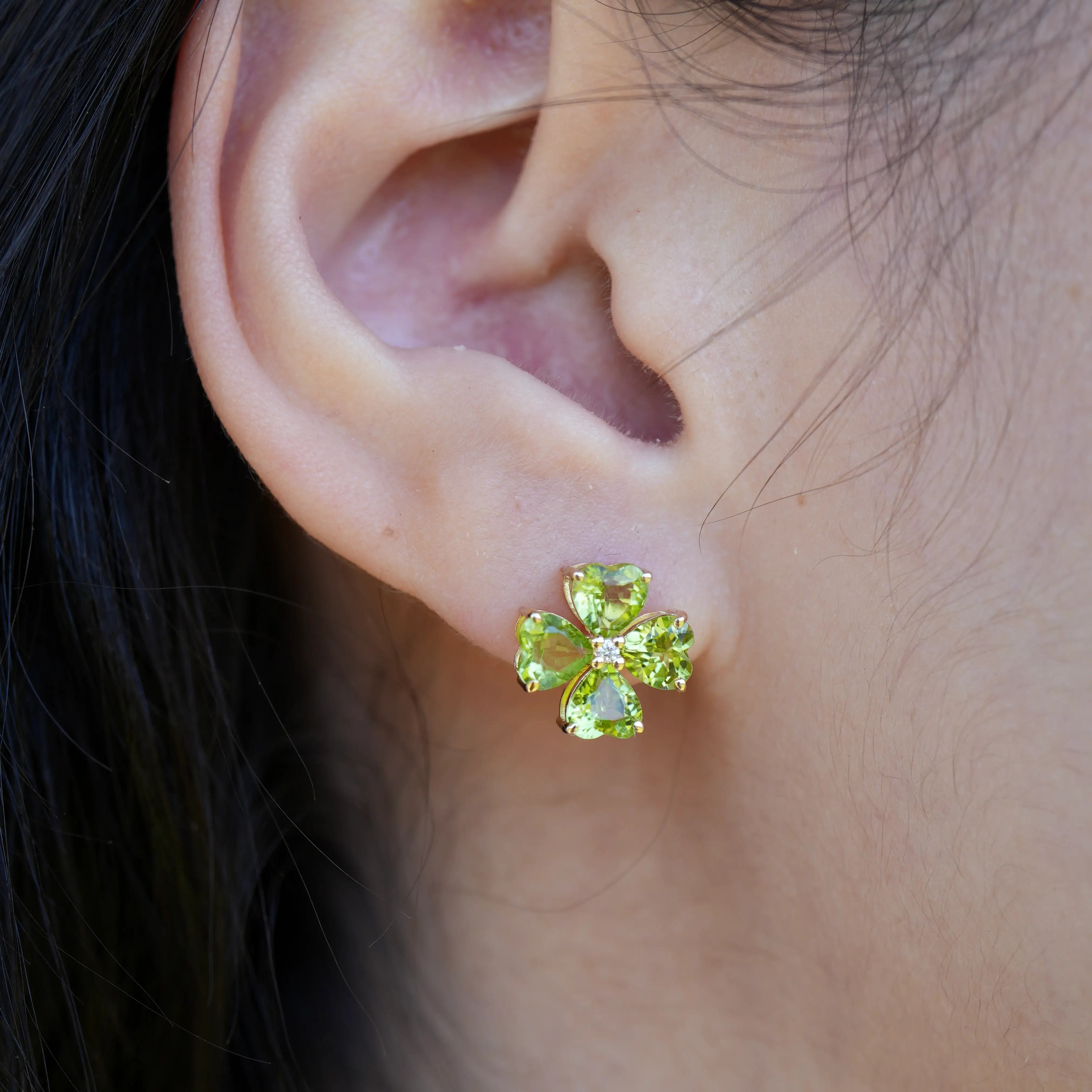 Natural Heart Peridot Diamond Clover Pearl Earrings 14K Yellow Gold
