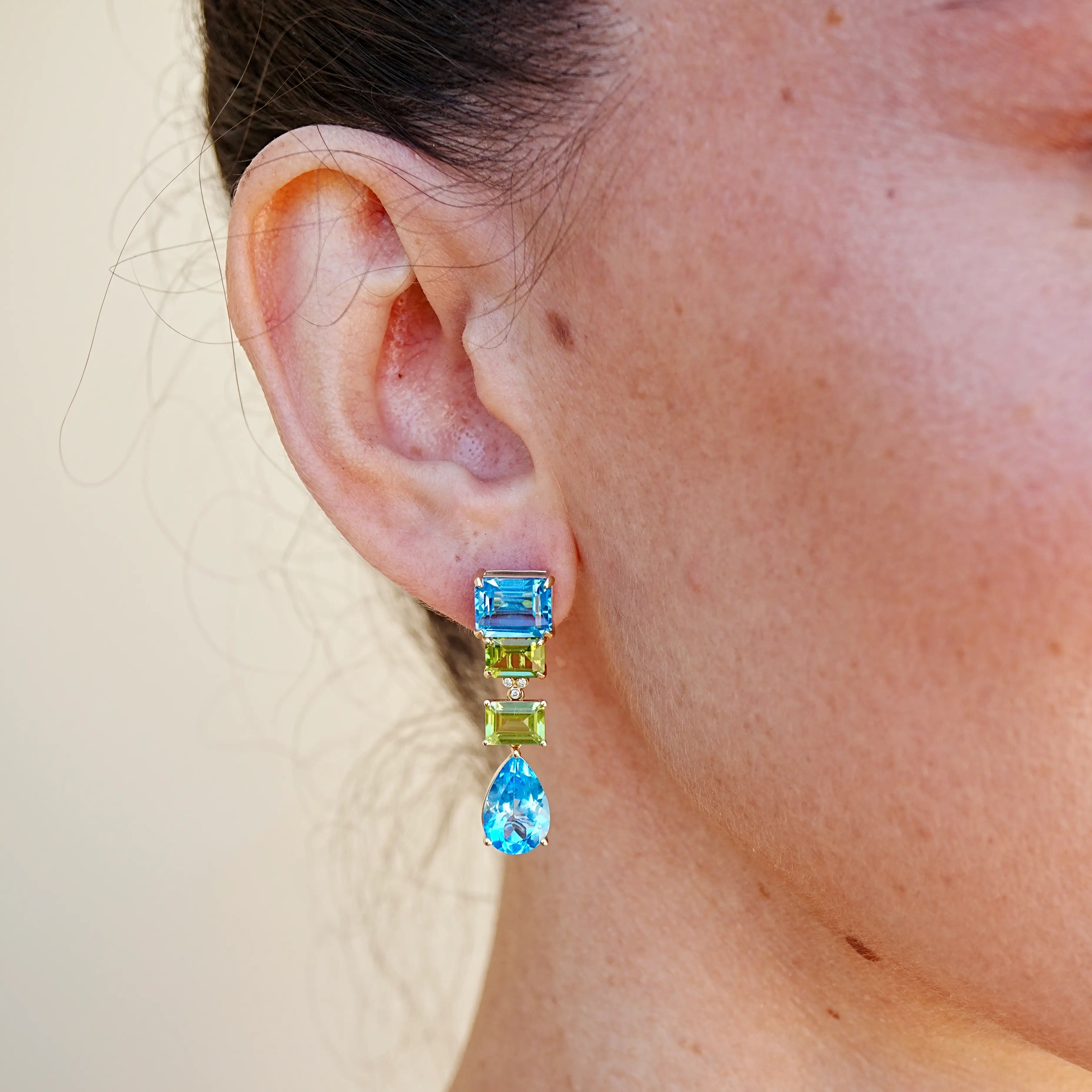 GemFusion Natural blue Topaz Peridot Diamond Convertible Drop Earrings 14k yellow gold