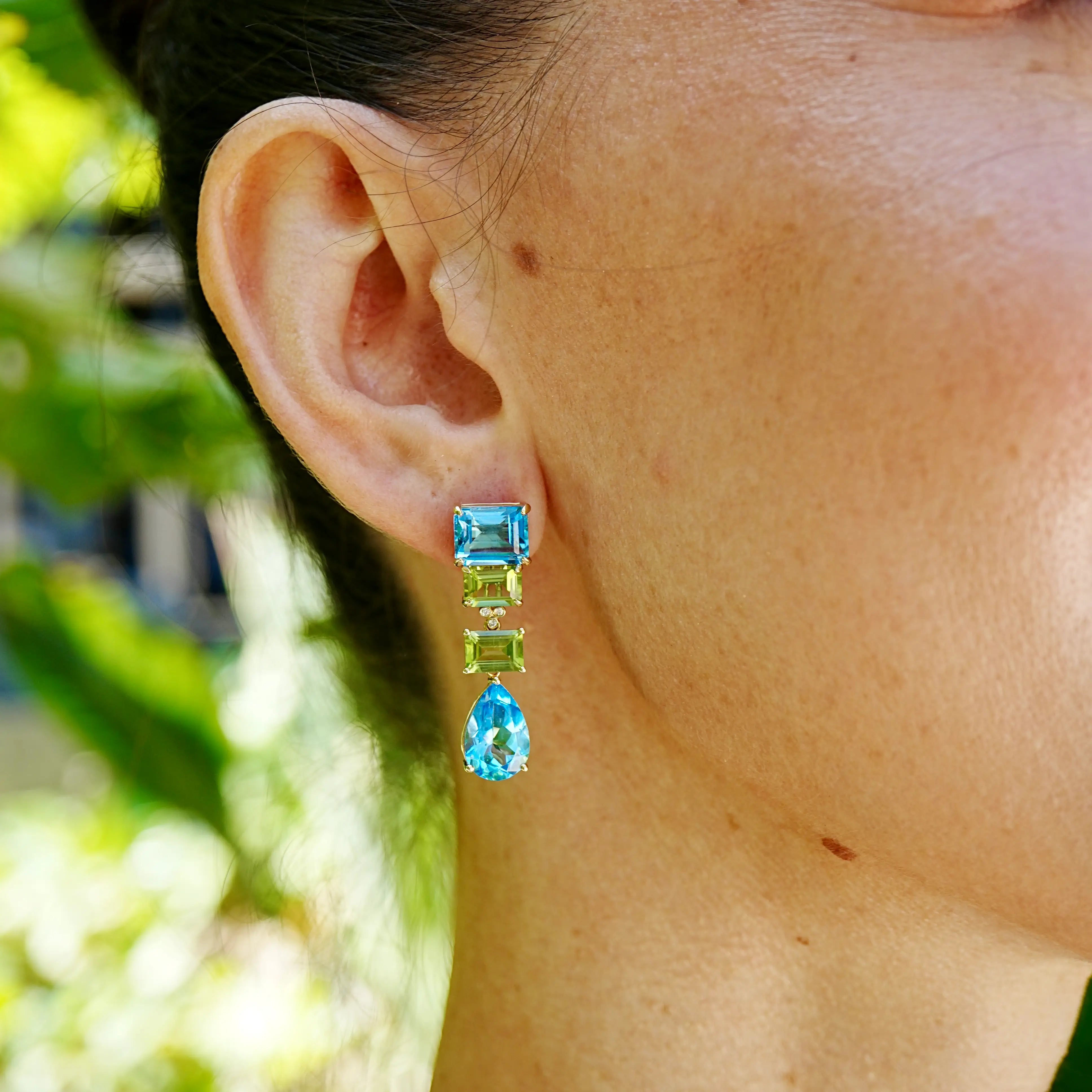 GemFusion Natural blue Topaz Peridot Diamond Convertible Drop Earrings 14k yellow gold