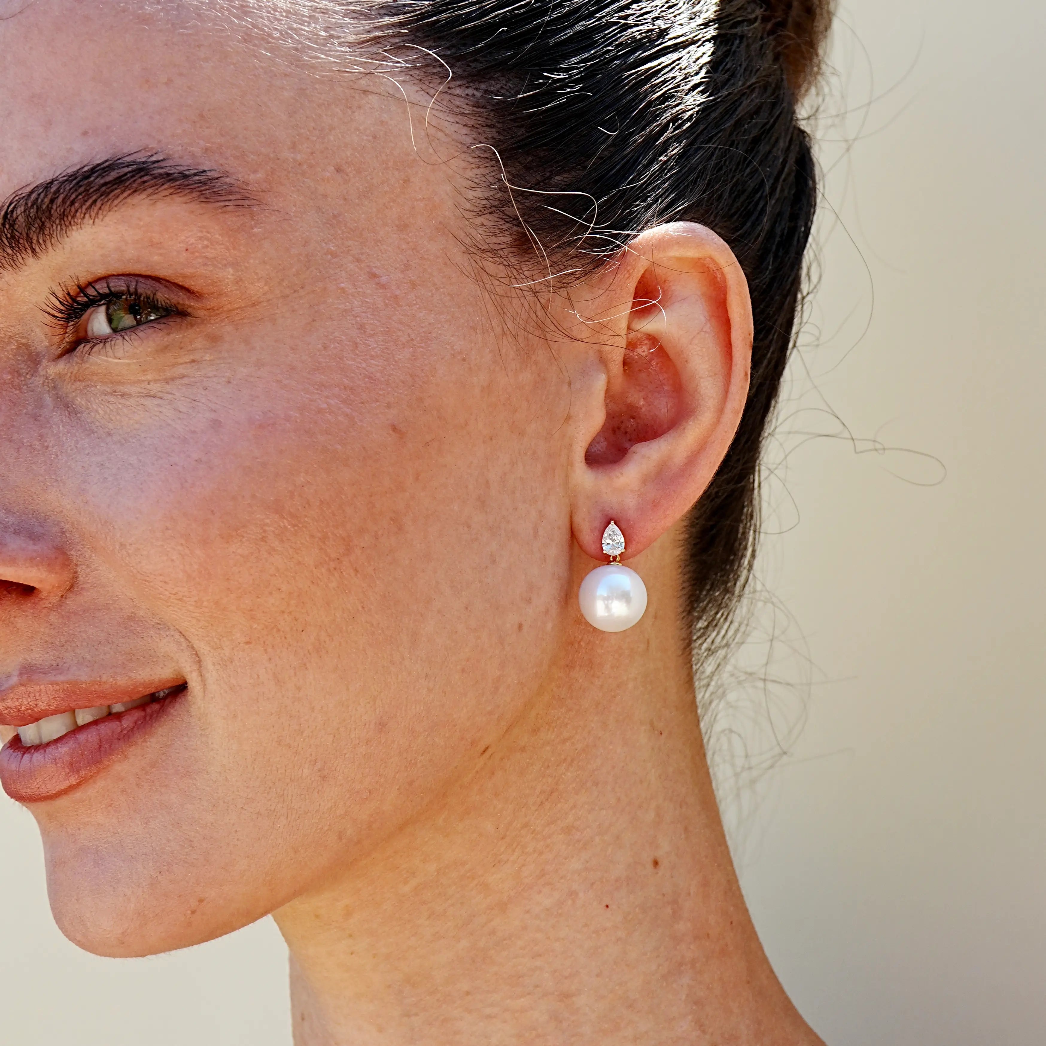 Venus Tears Lab Grown Diamond 12-13mm Cultured Round Pearl Convertible Drop Earrings 14k yellow gold