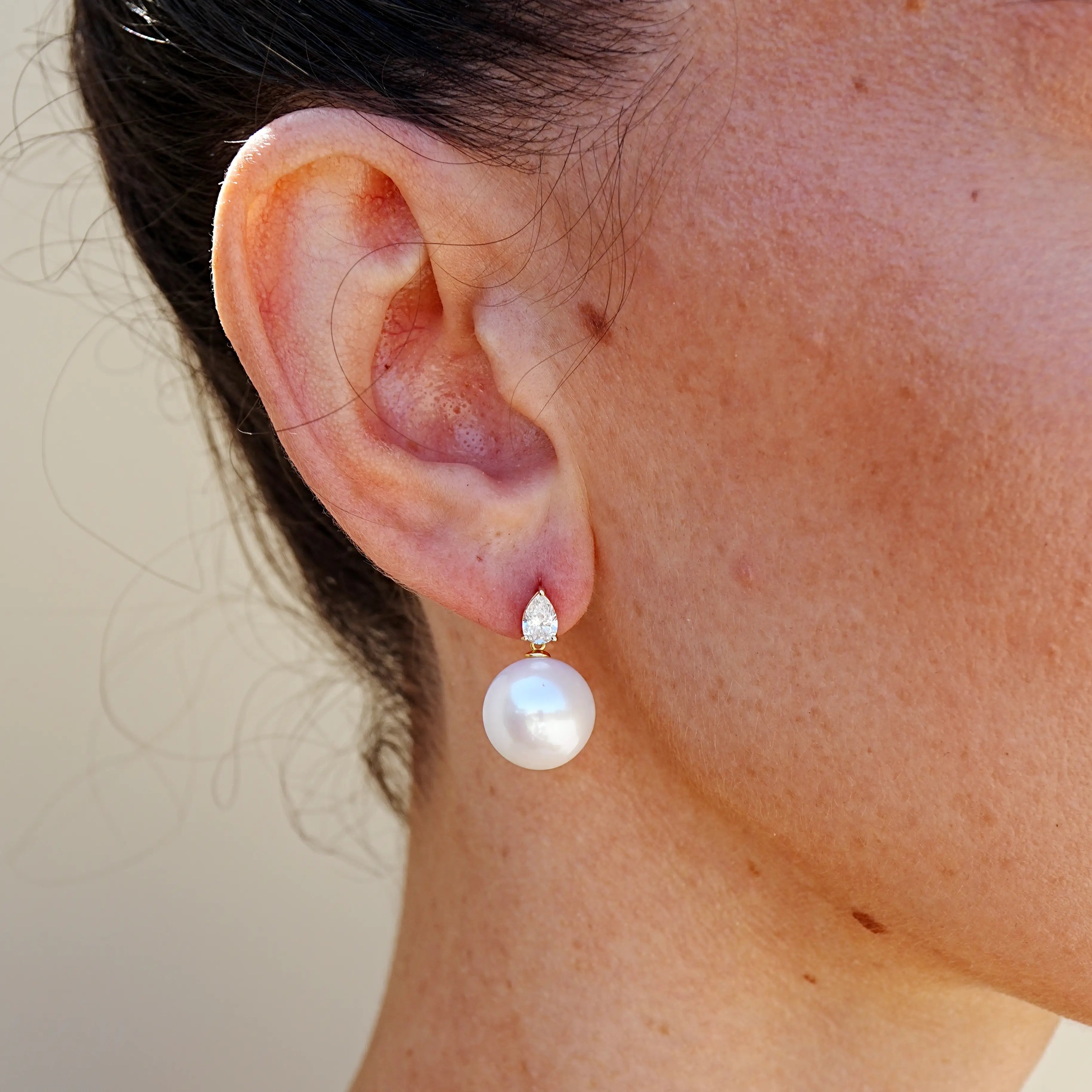Venus Tears Lab Grown Diamond 12-13mm Cultured Round Pearl Convertible Drop Earrings 14k yellow gold