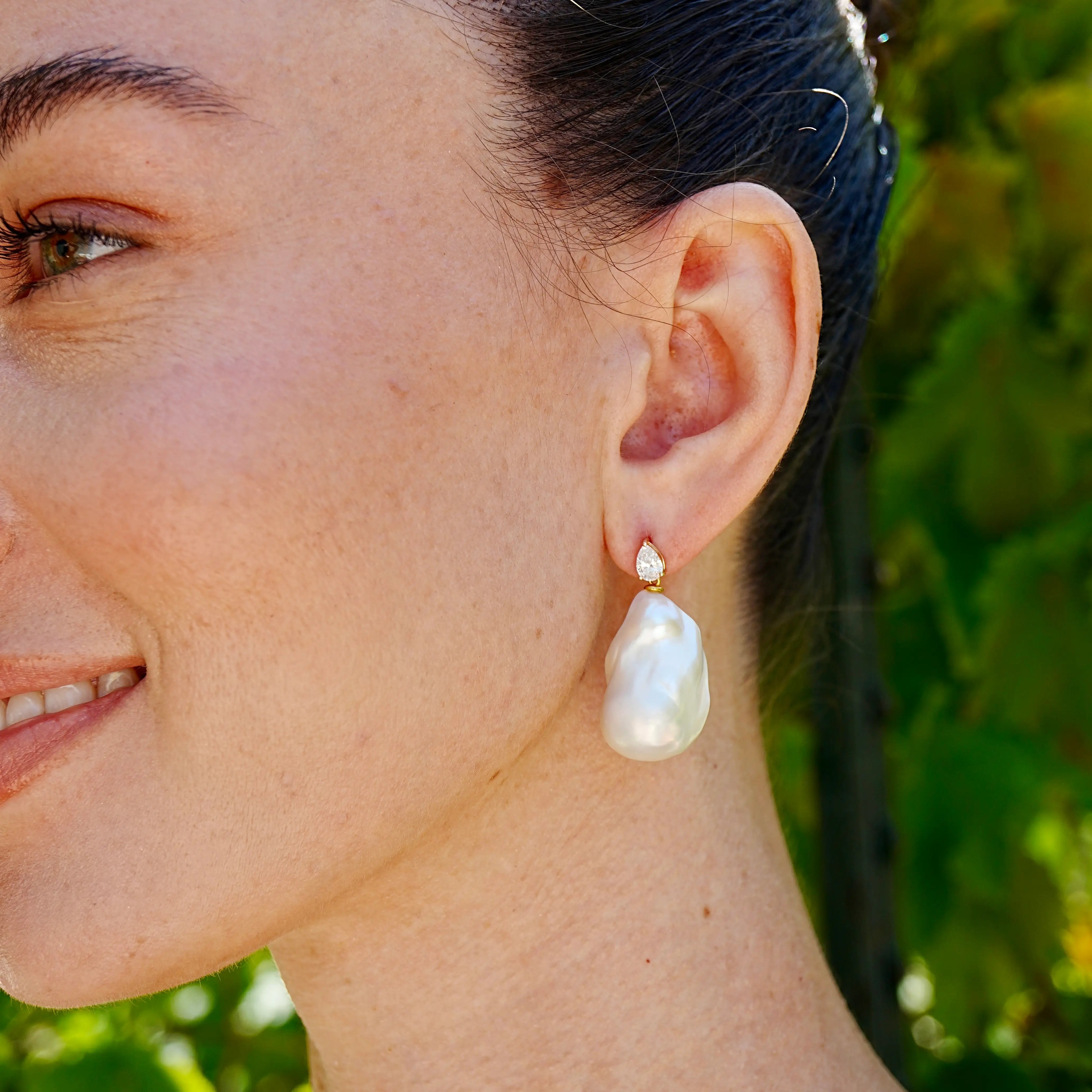 Venus Tears Lab Grown Diamond Baroque Pearl Convertible Drop Earrings 14K Yellow gold