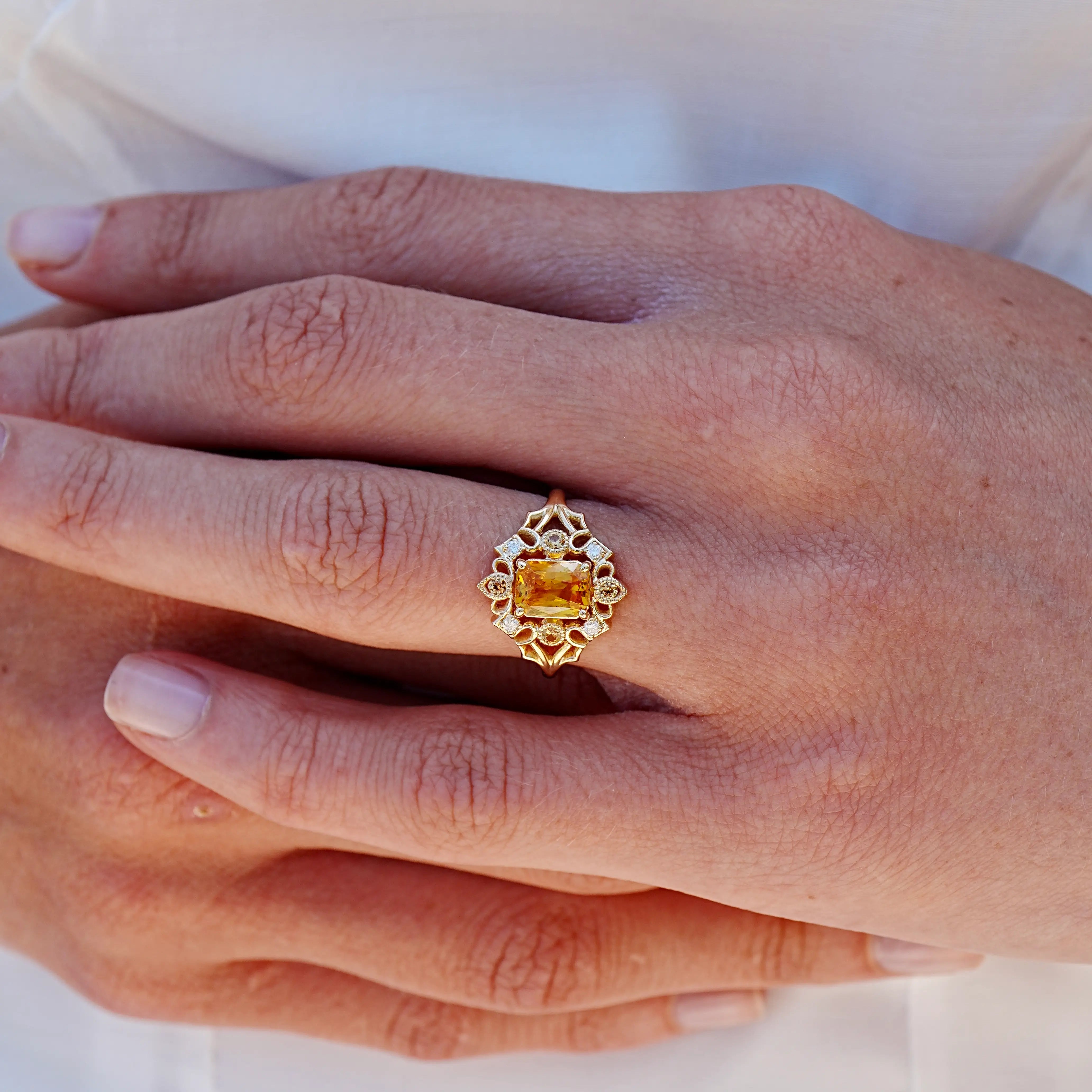 Renaissance Natural Citrine Diamond Cocktail Ring 14k yellow gold