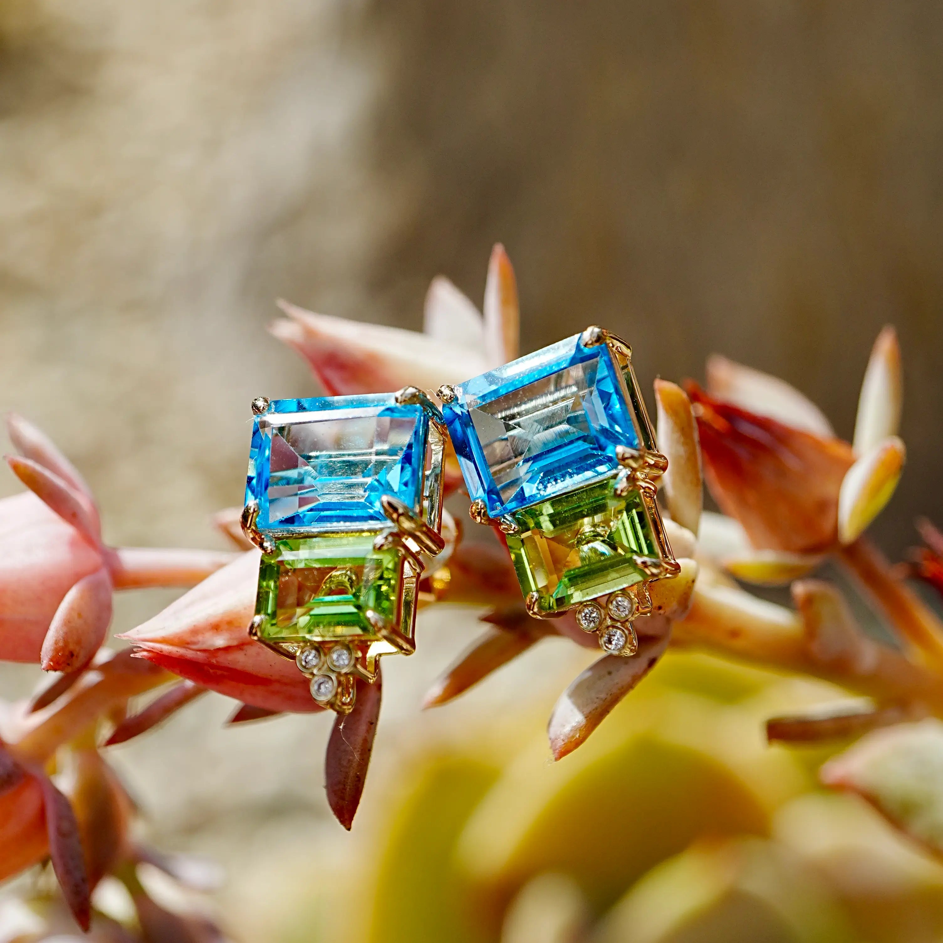 Fortune Natural Topaz Peridot Diamond Earrings 14k yellow gold