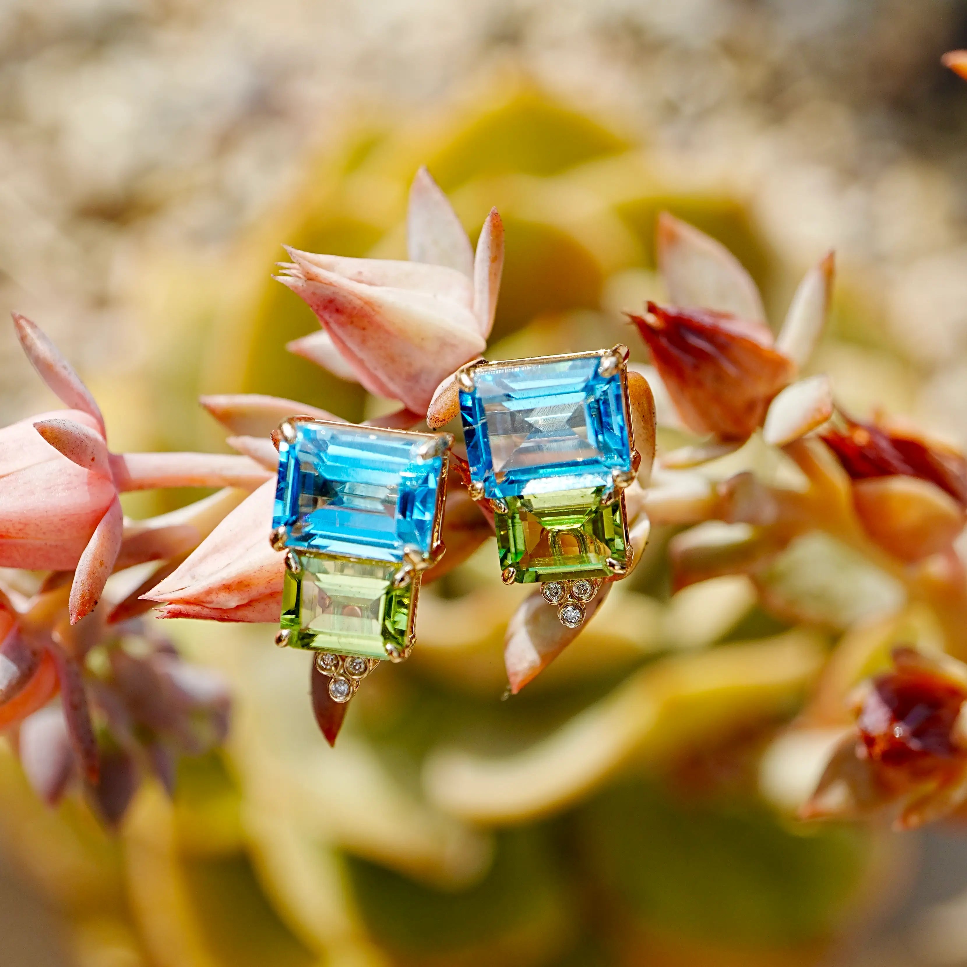 Fortune Natural Topaz Peridot Diamond Earrings 14k yellow gold