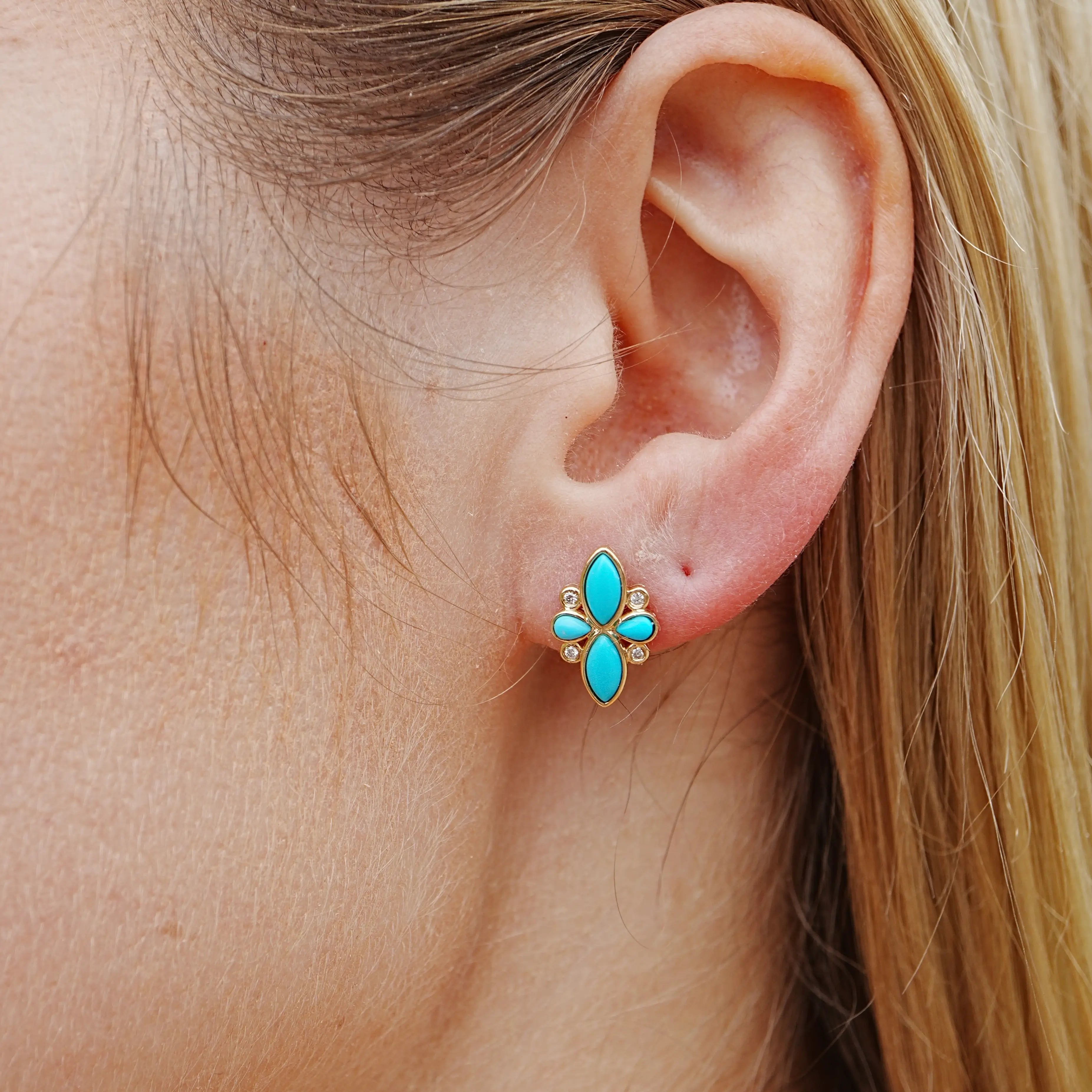 Tropical Flower Natural Turquoise and Diamond Earrings in 14k yellow gold