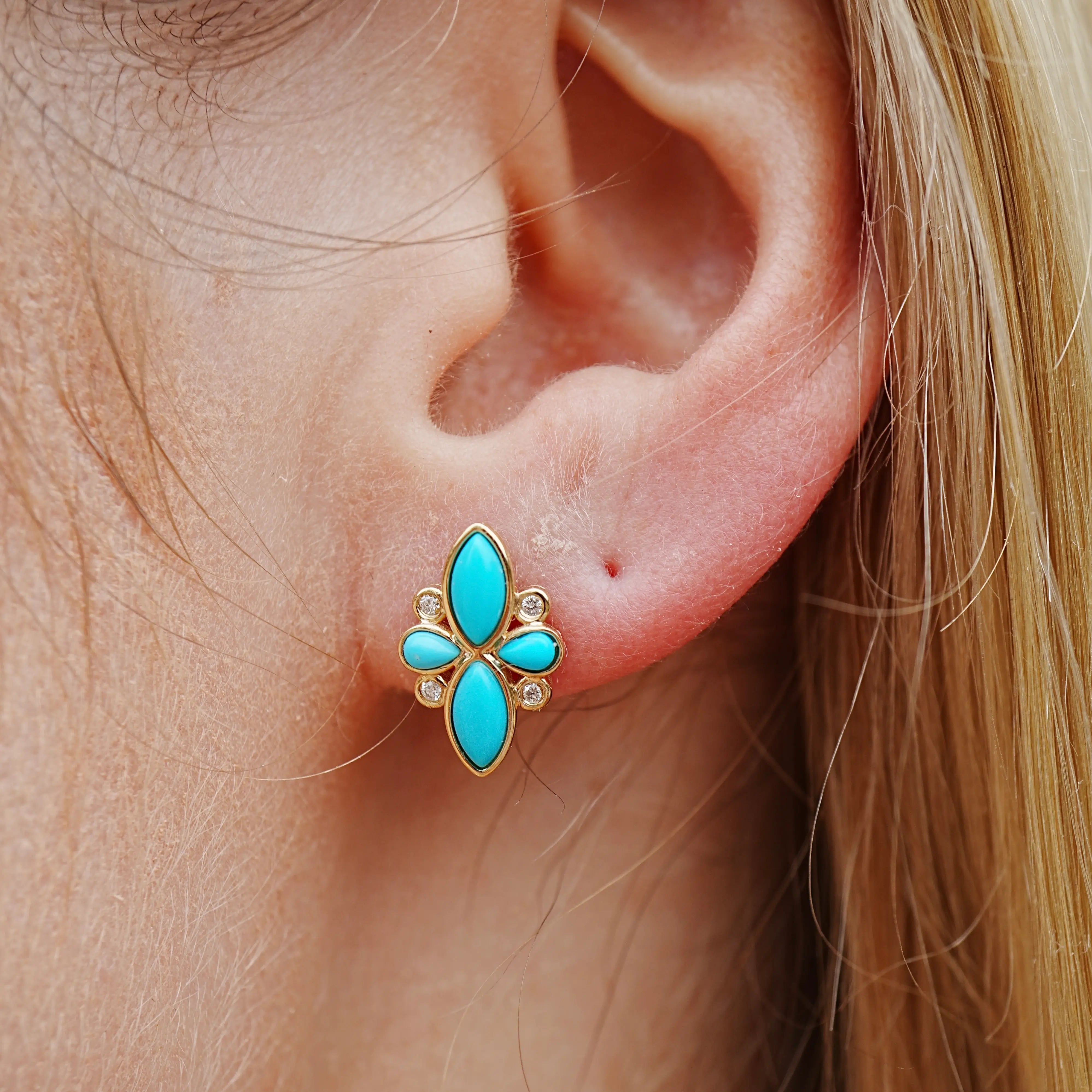 Tropical Flower Natural Turquoise and Diamond Earrings in 14k yellow gold