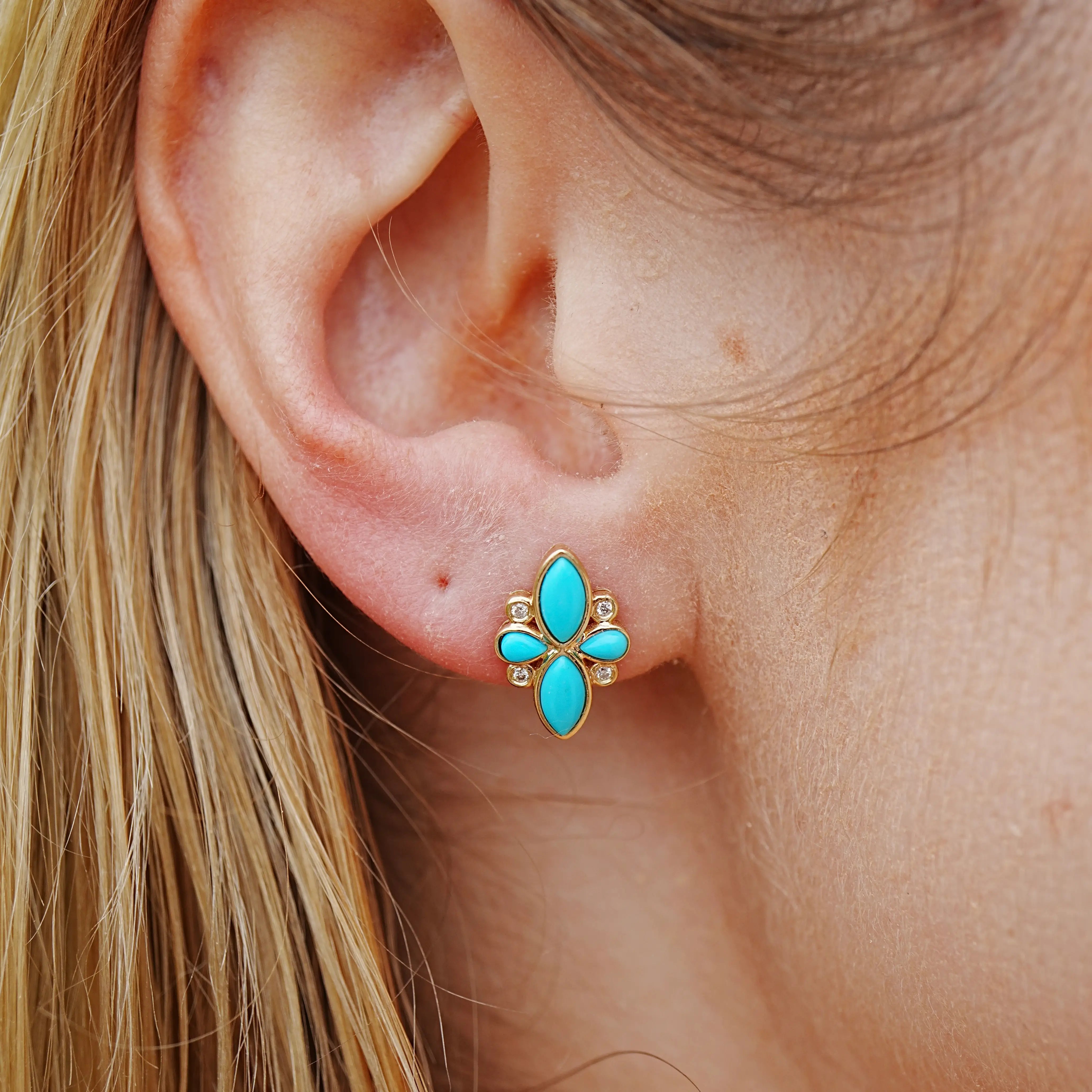 Tropical Flower Natural Turquoise and Diamond Earrings in 14k yellow gold