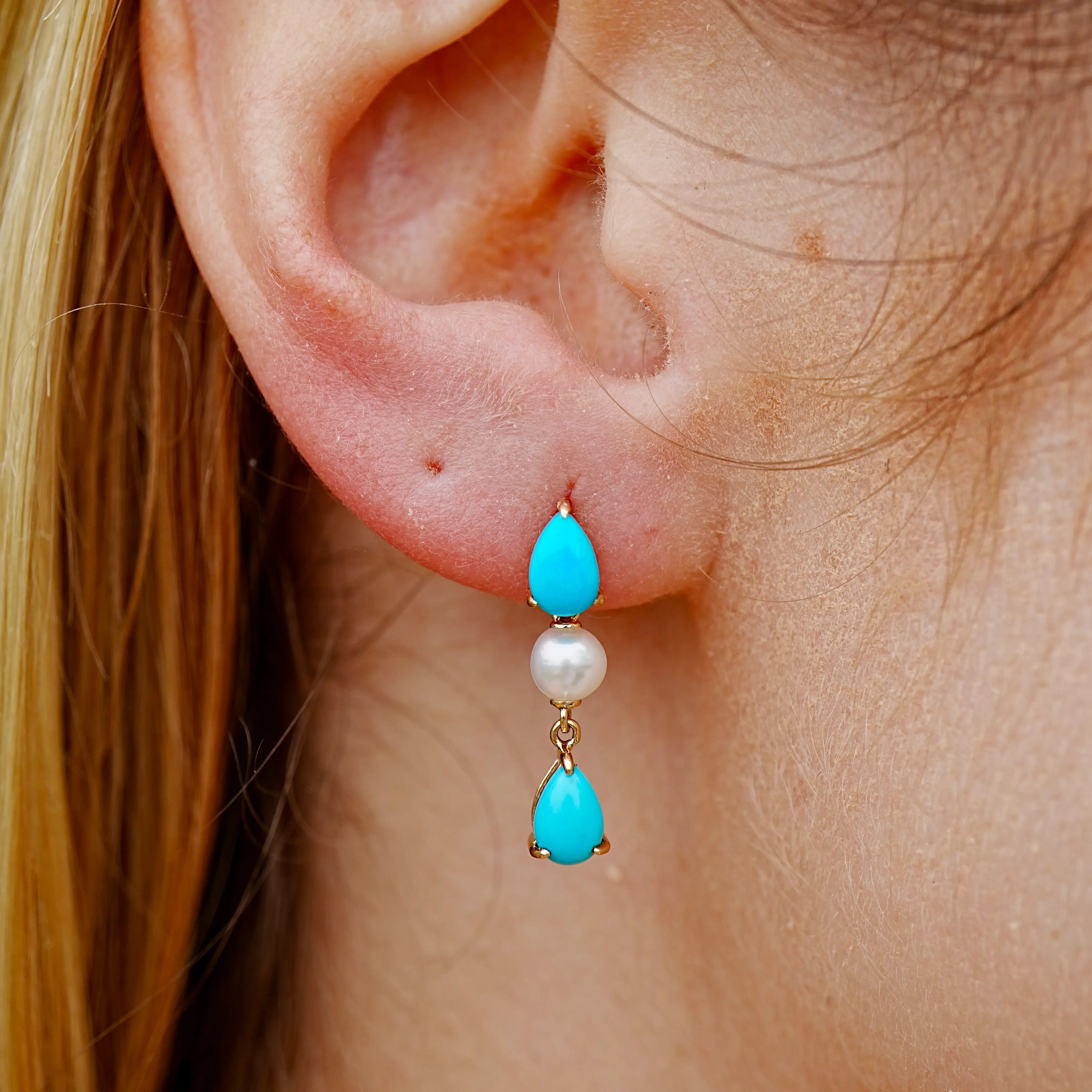 Venus Tears Pear Natural Turquoise Pearl Drop Earrings 14k Yellow gold