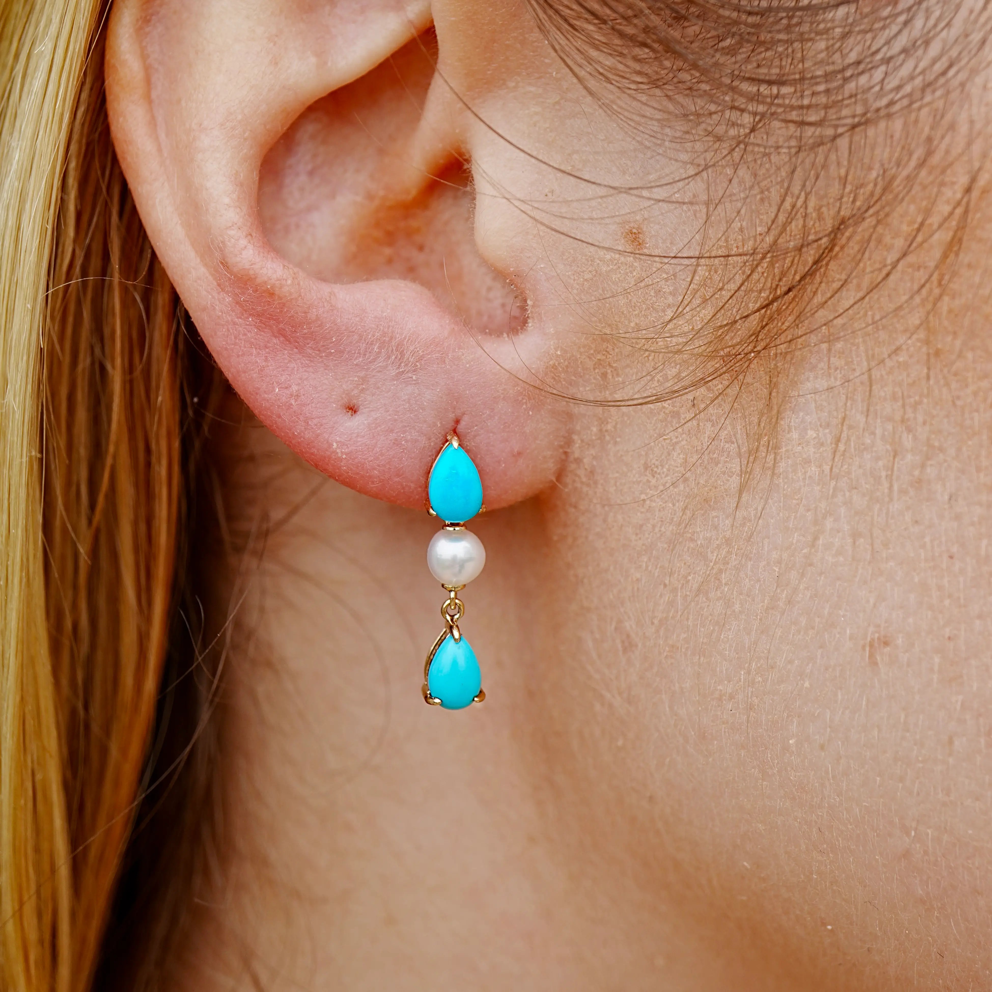 Venus Tears Pear Natural Turquoise Pearl Drop Earrings 14k Yellow gold