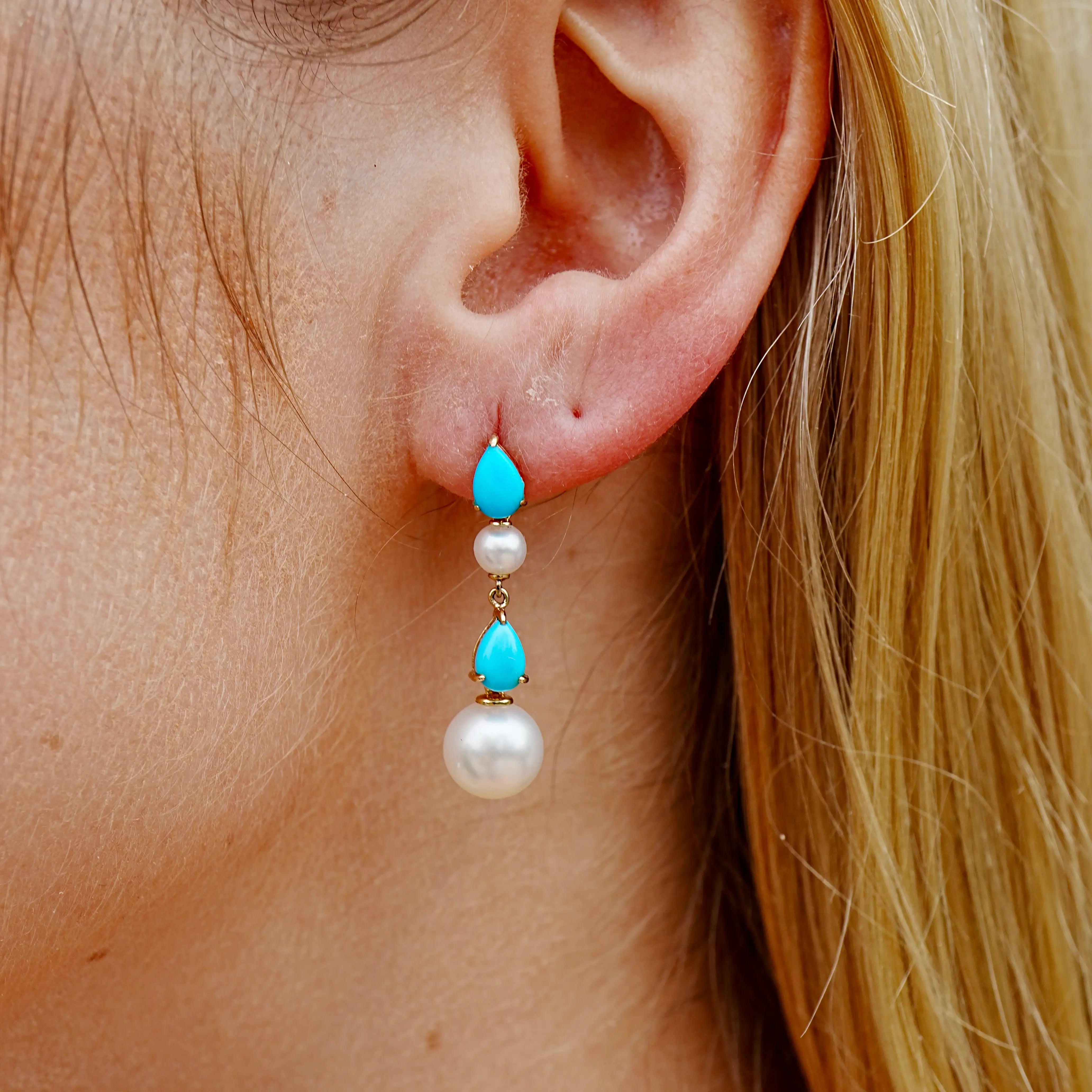 Venus Tears Natural Turquoise Duo Pearl Drop Earrings 14k yellow gold