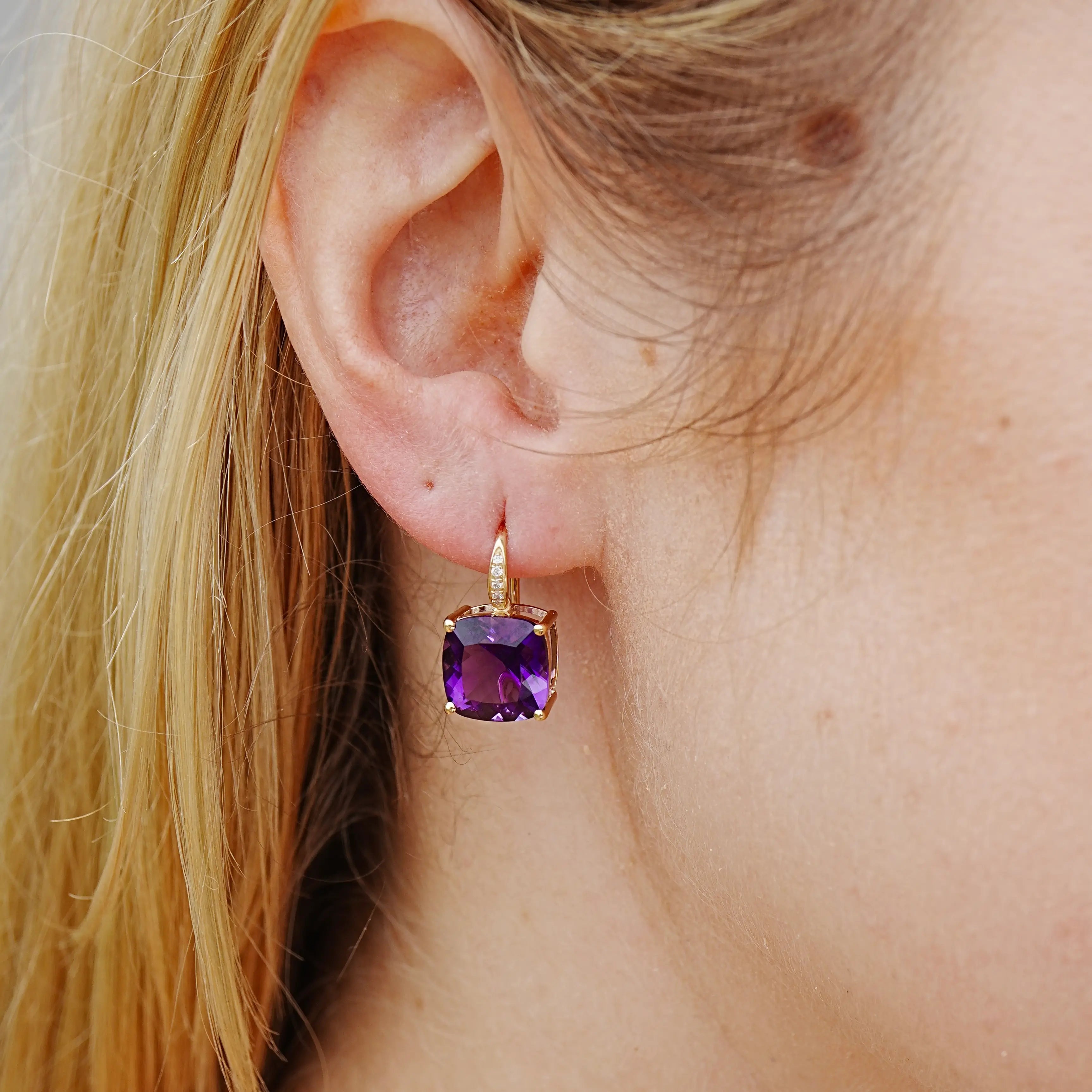 Radiant Cushion Amethyst Diamond Drop Earrings 14k yellow gold