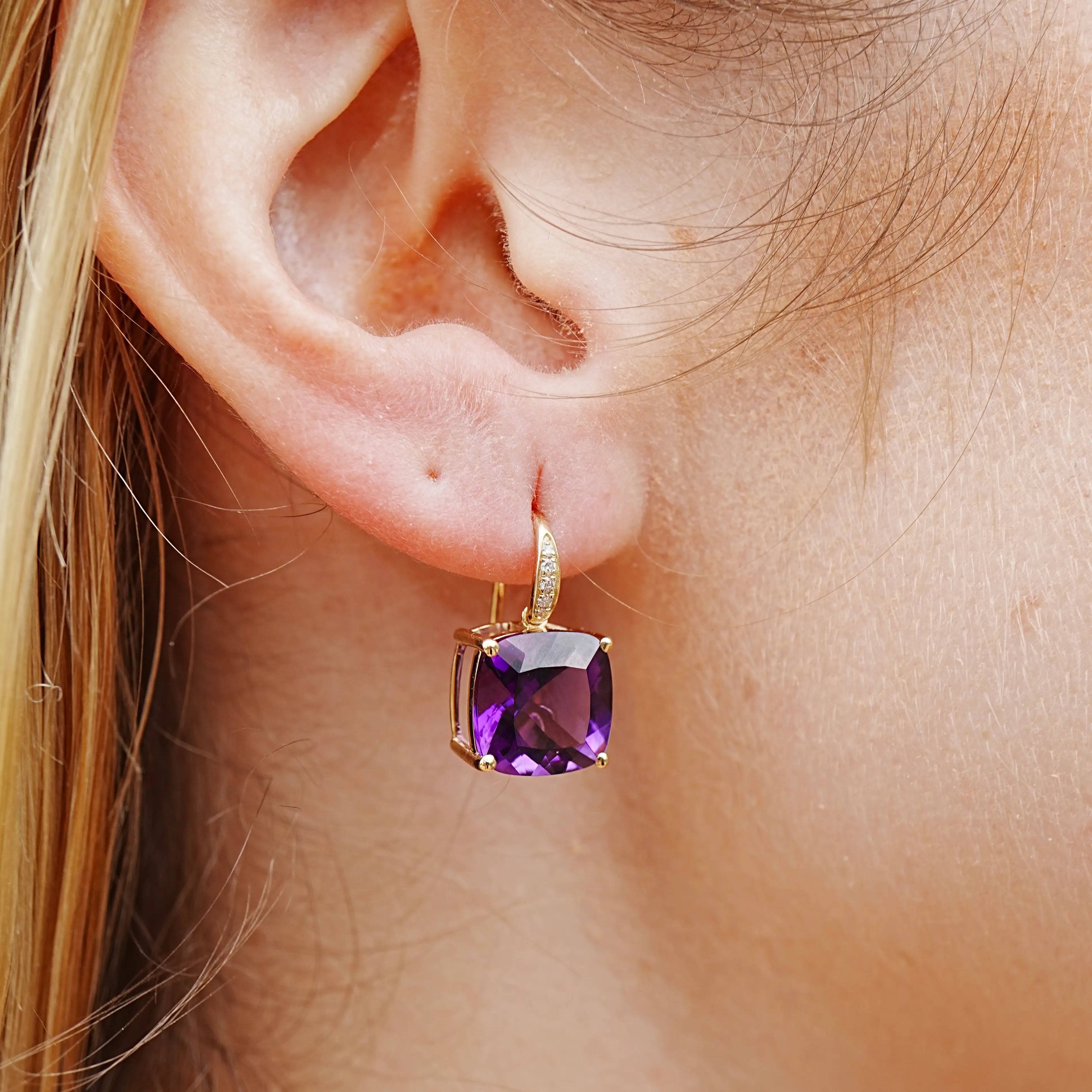 Radiant Cushion Amethyst Diamond Drop Earrings 14k yellow gold