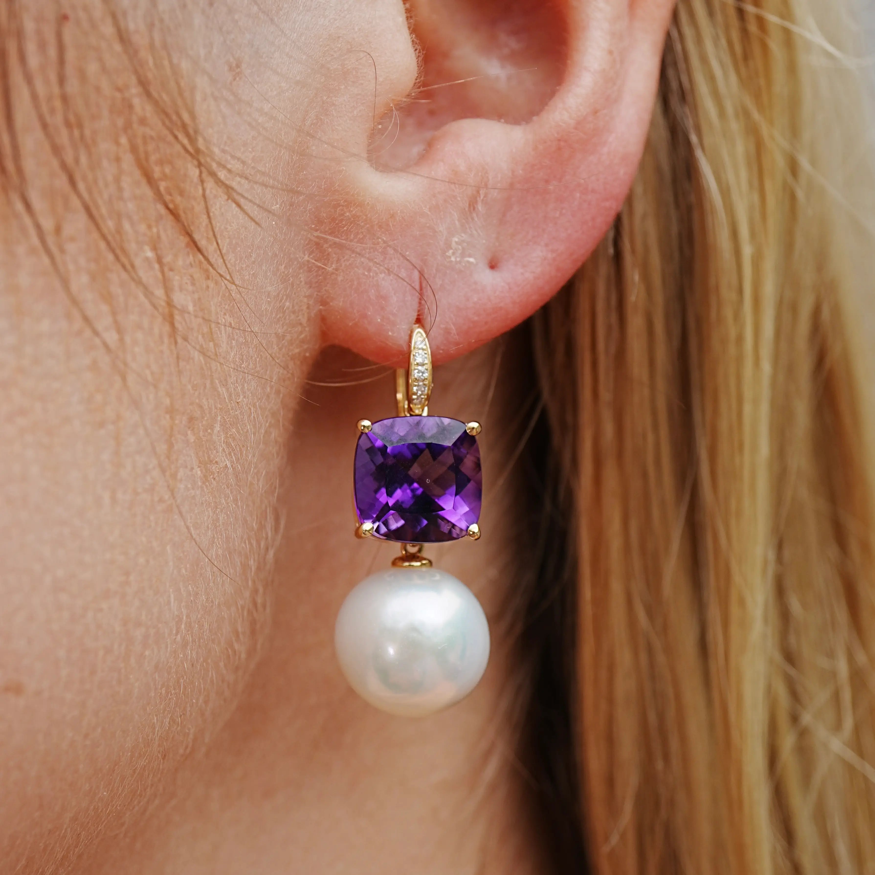 Radiant Cushion Amethyst Diamond Pearl Convertible Drop Earrings 14k yellow gold