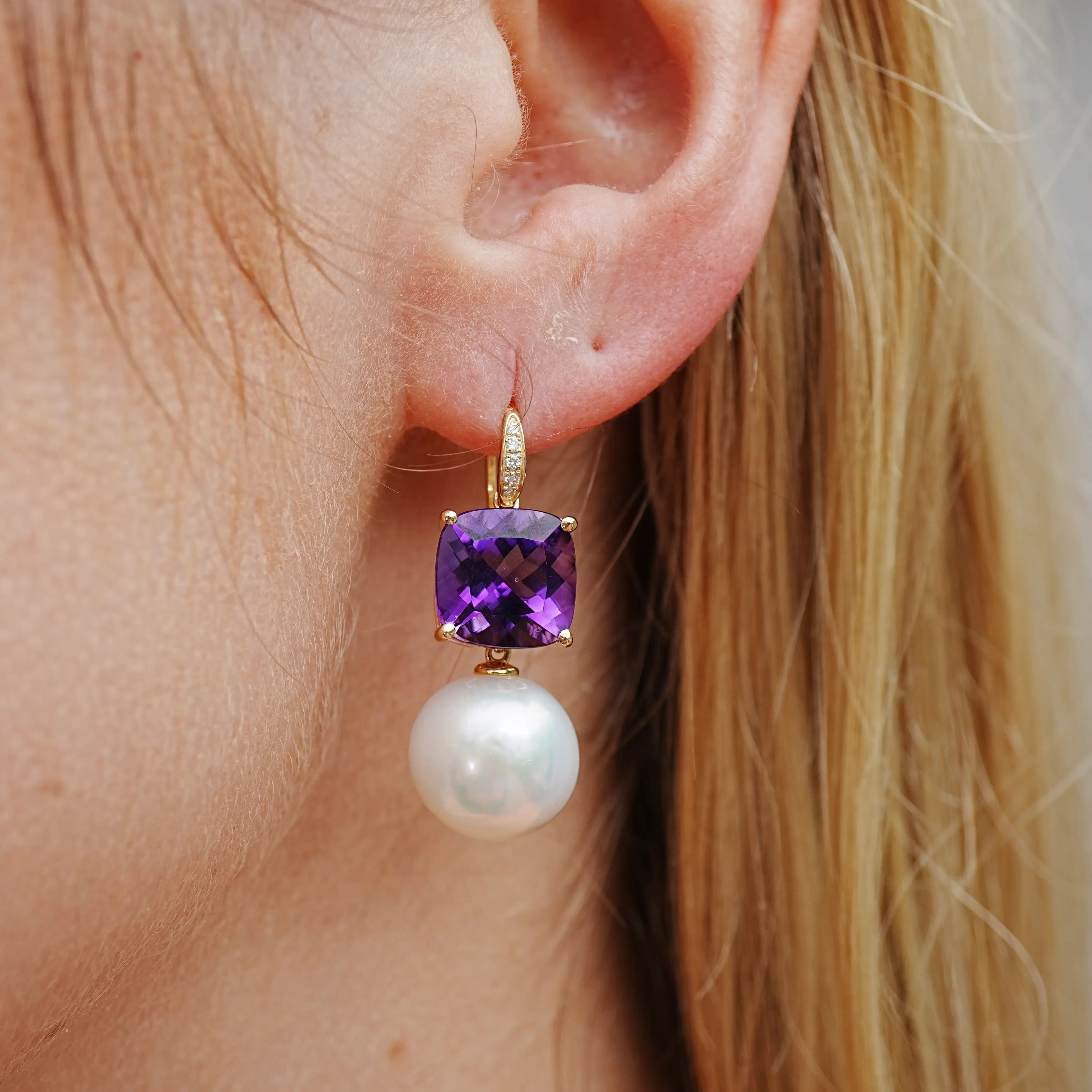 Radiant Cushion Amethyst Diamond Pearl Convertible Drop Earrings 14k yellow gold