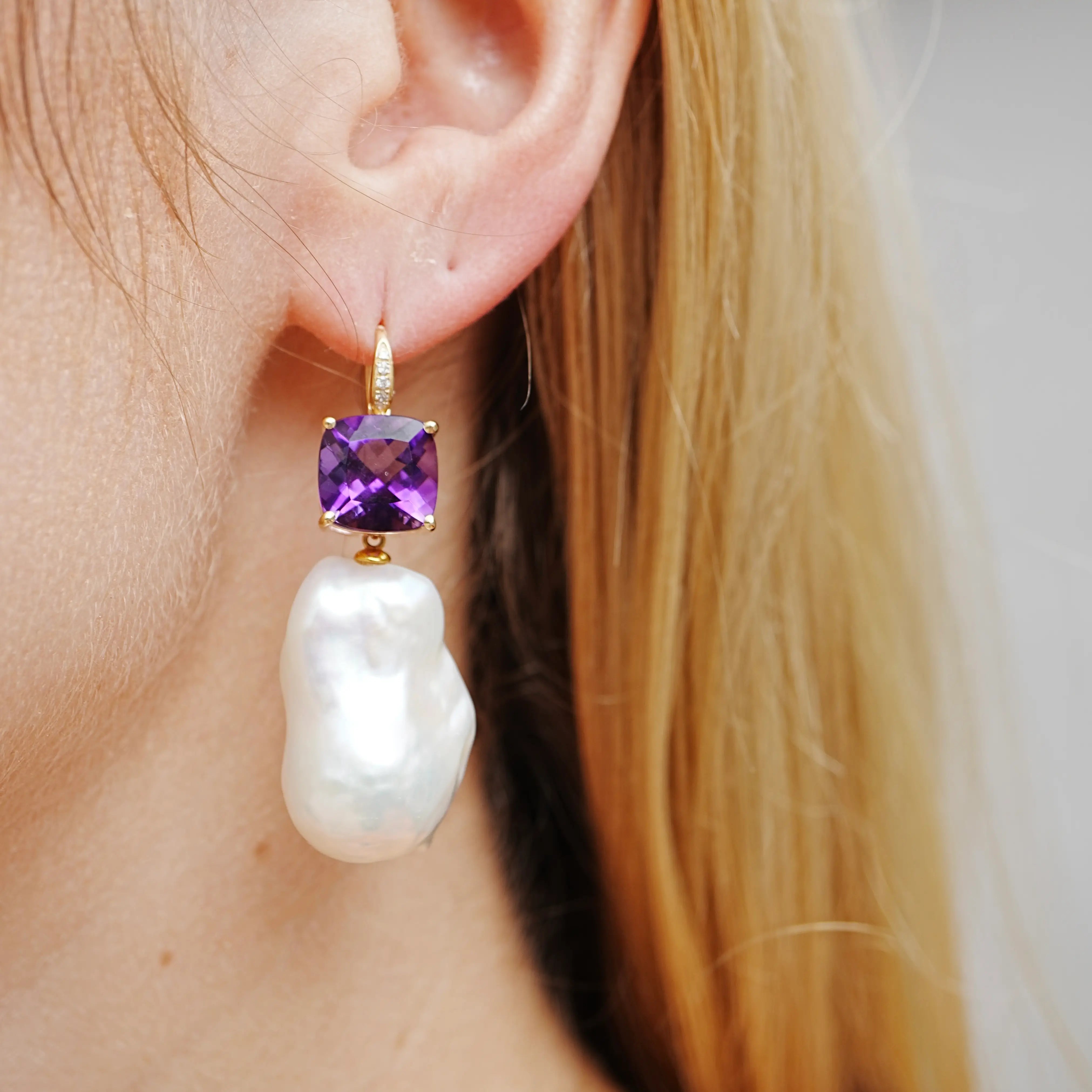 Radiant Cushion Amethyst Diamond Baroque Pearl Convertible Drop Earrings 14k yellow gold