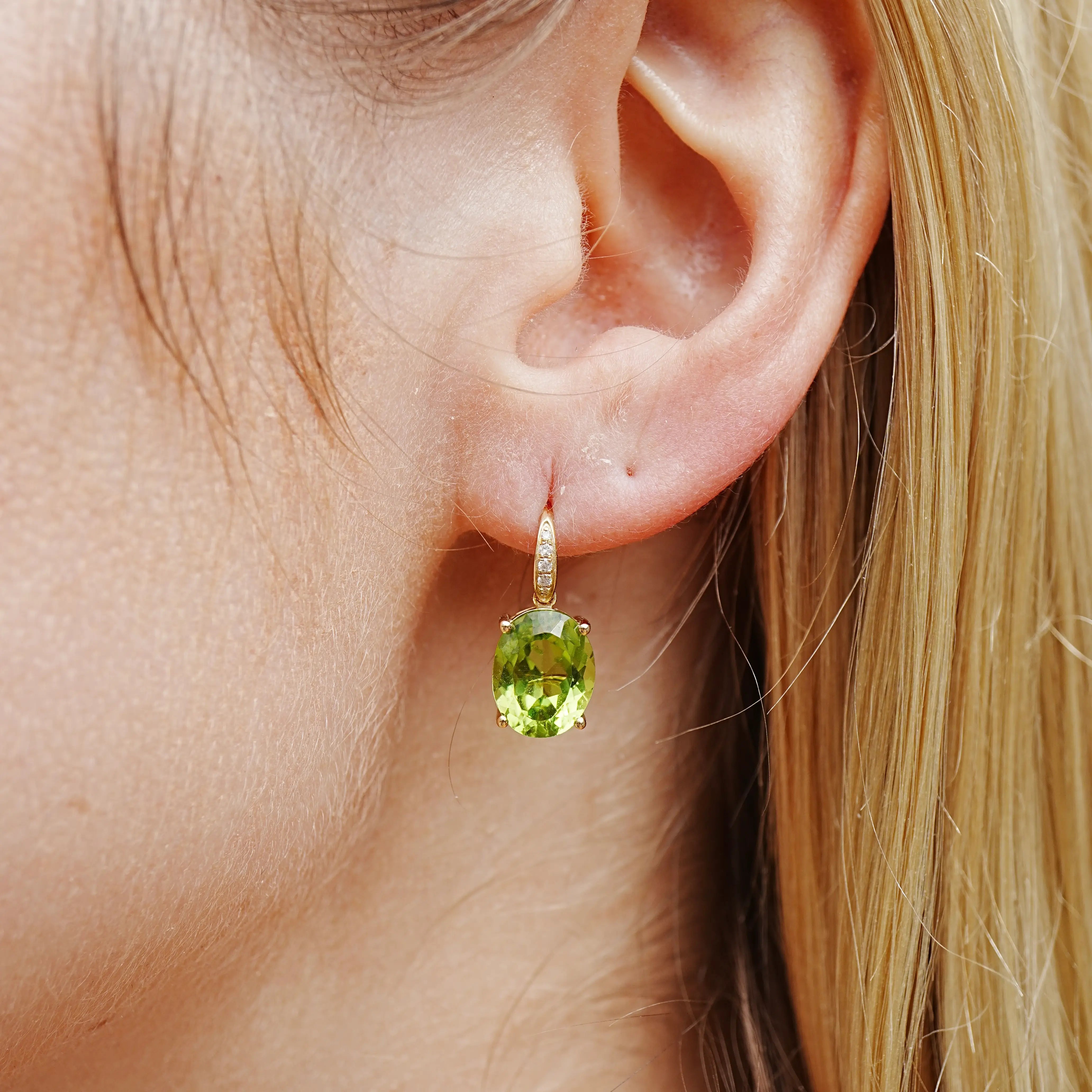 Oval Natural Peridot Diamond Drop Earrings 14k yellow gold