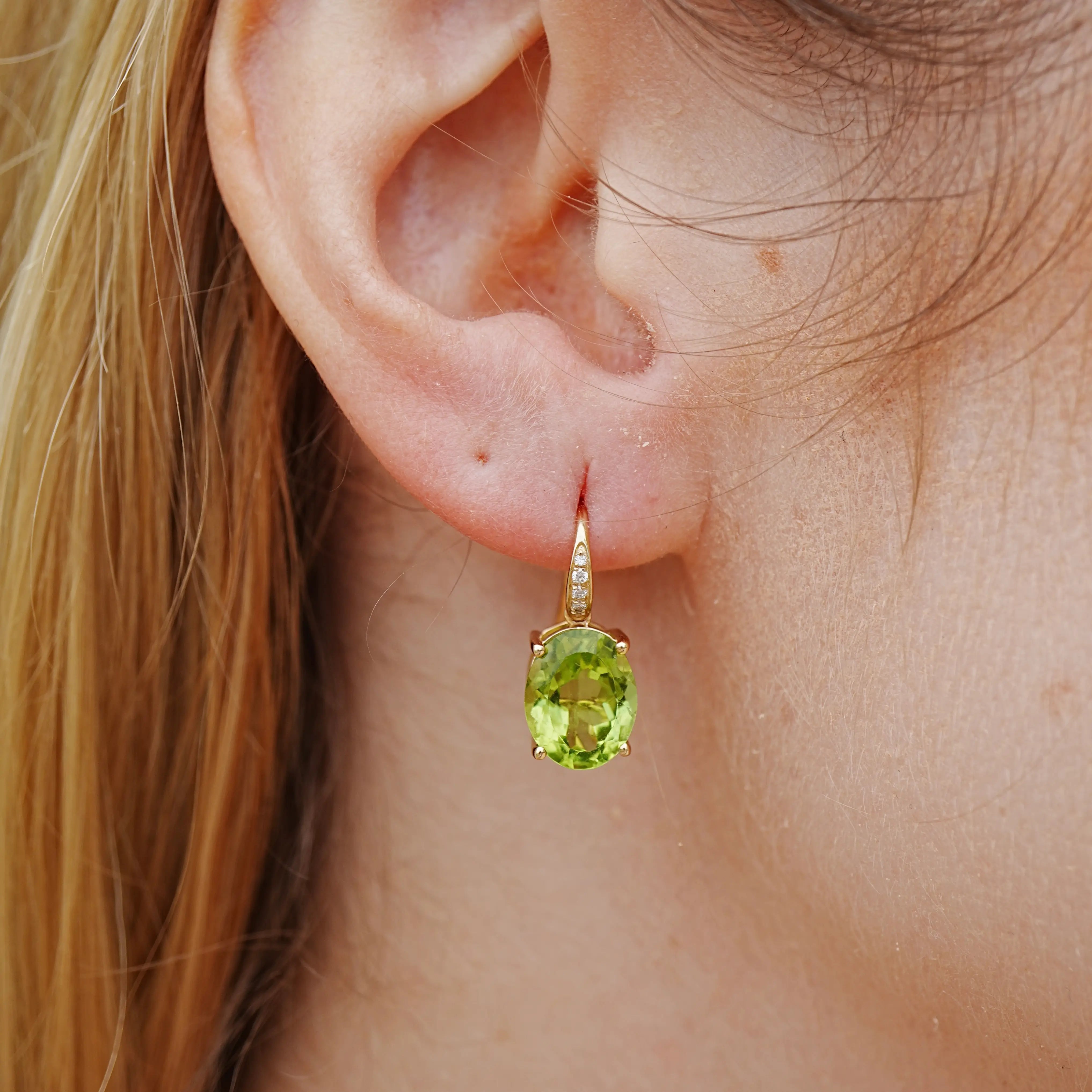 Oval Natural Peridot Diamond Drop Earrings 14k yellow gold
