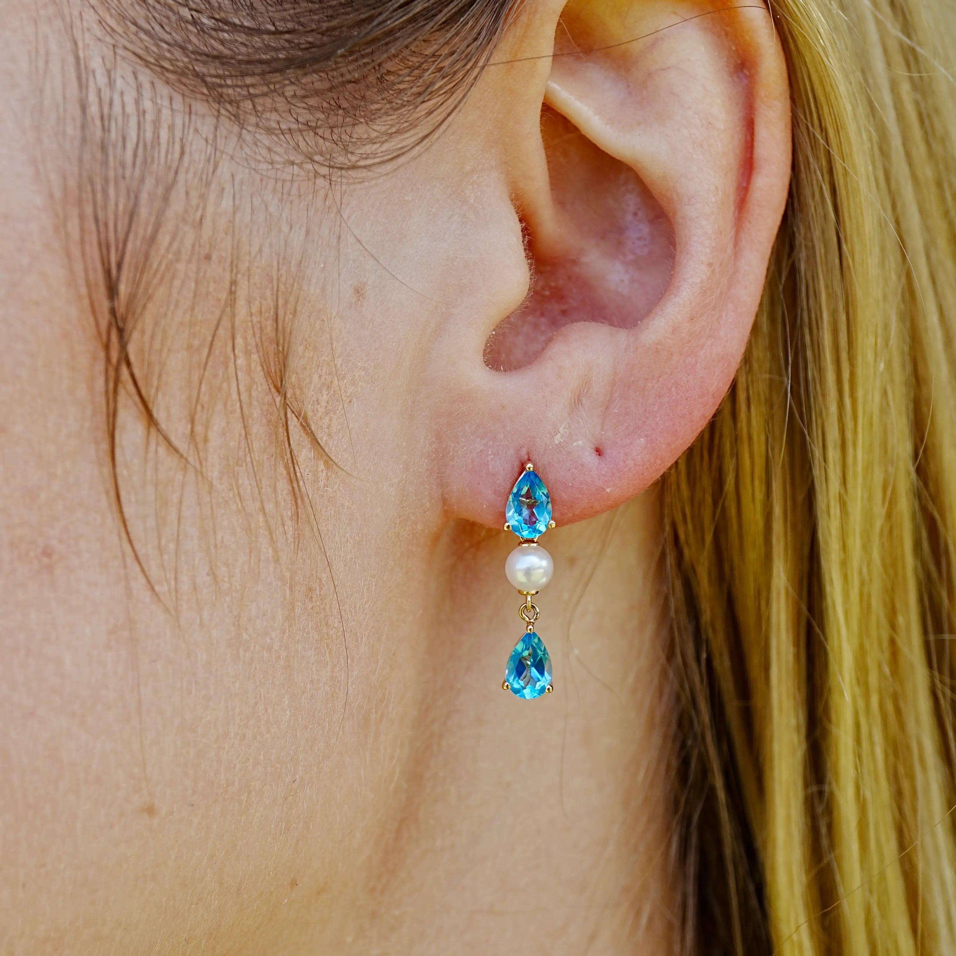 Venus Tears Natural Blue Topaz Pearl Drop Earrings 14k Yellow Gold